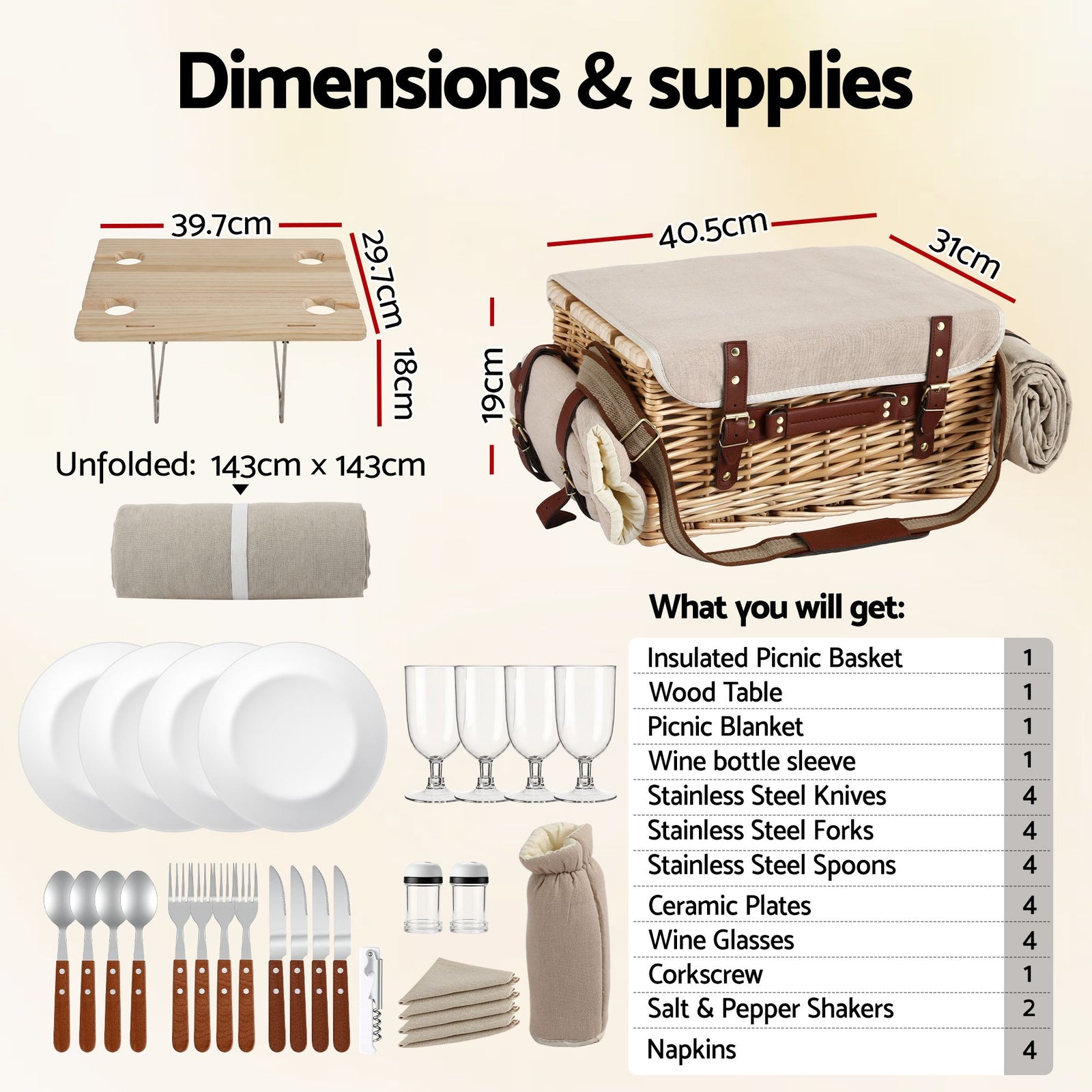 4 Person Insulated Picnic Basket Set with Foldable Wood Table Mat