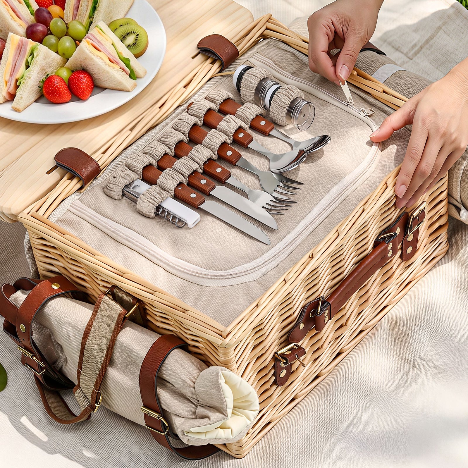 4 Person Insulated Picnic Basket Set with Foldable Wood Table Mat