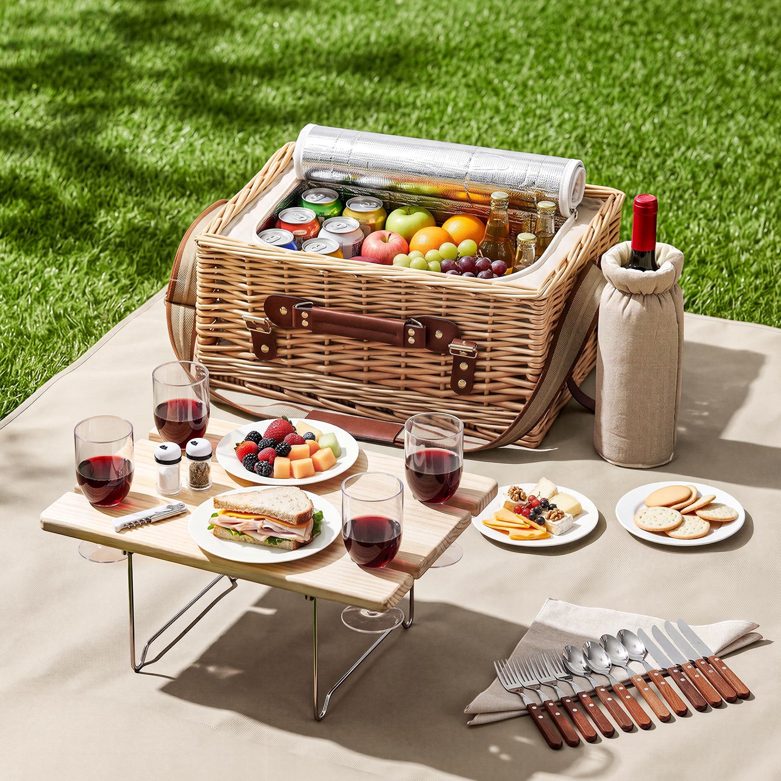 4 Person Insulated Picnic Basket Set with Foldable Wood Table Mat