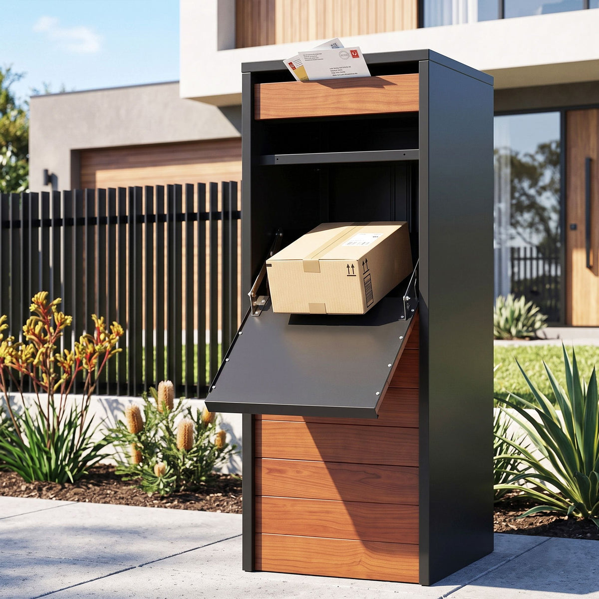 Parcel Letterbox Drop Box Package Slot Mailbox Walnut Lockable Steel Unit