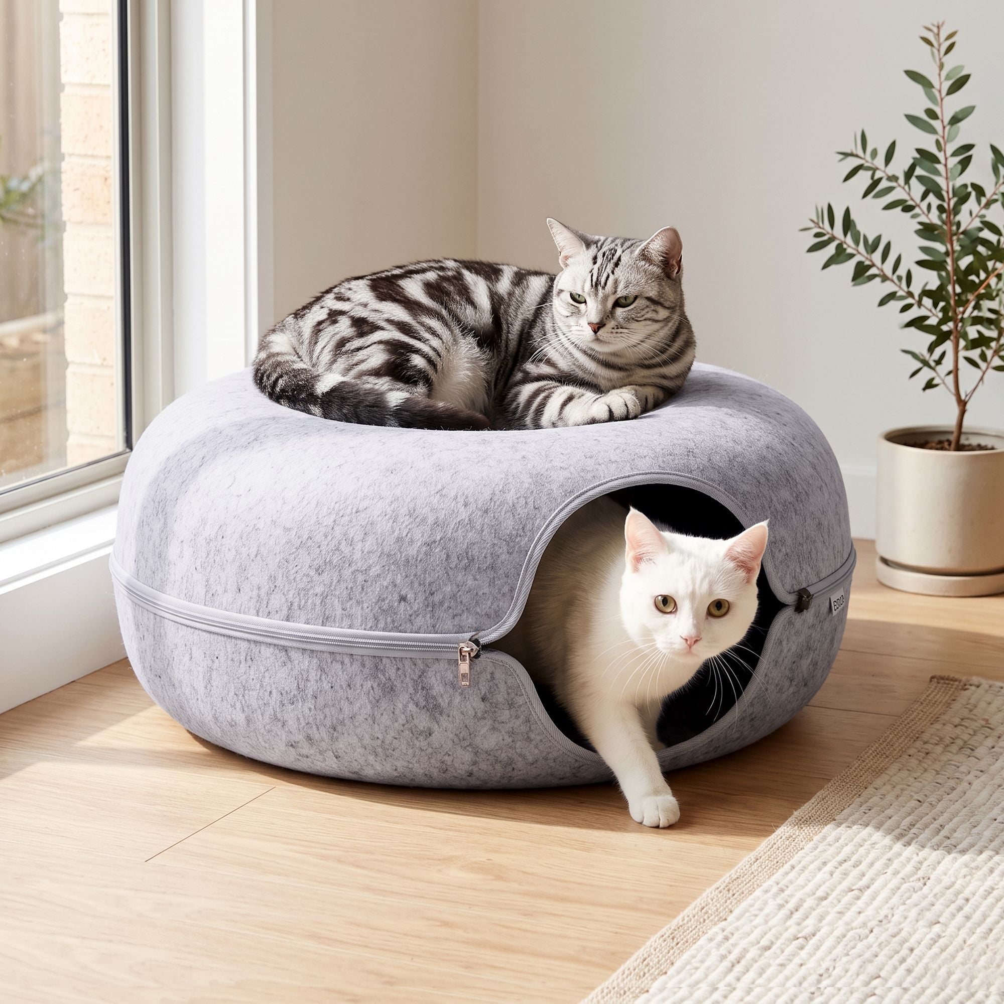 Cat Bed with Tunnel 60x28CM Donut Felt Cave Hideaway Detachable Grey