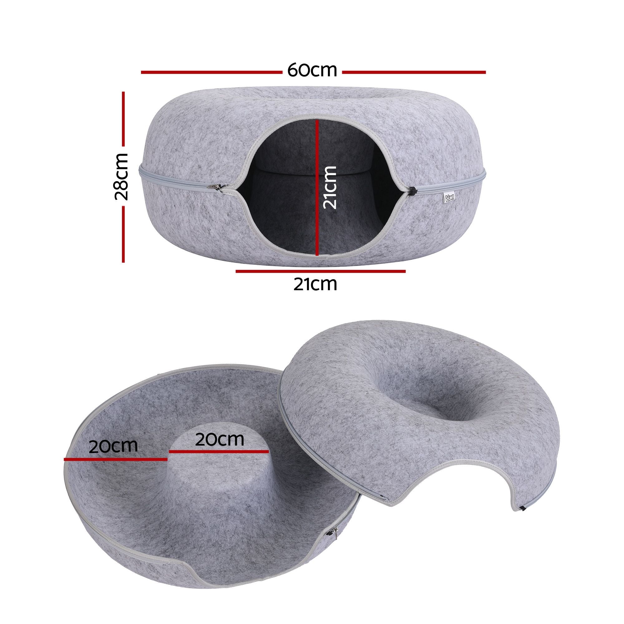Cat Bed with Tunnel 60x28CM Donut Felt Cave Hideaway Detachable Grey
