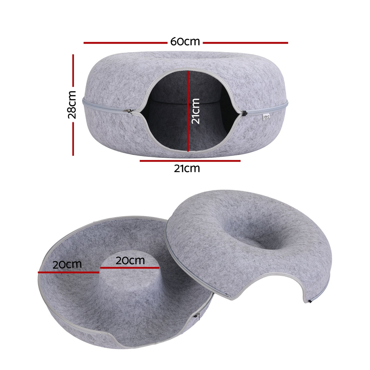 Cat Bed with Tunnel 60x28CM Donut Felt Cave Hideaway Detachable Grey