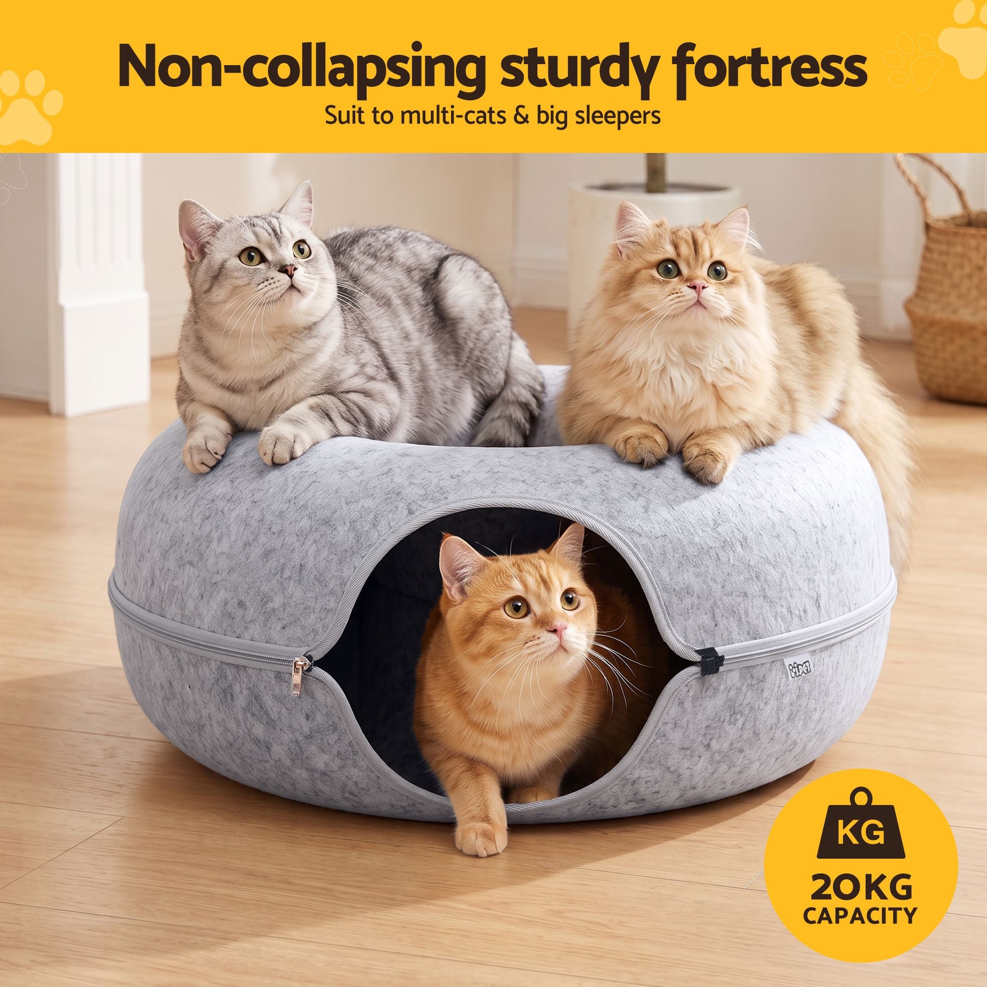 Cat Bed with Tunnel 60x28CM Donut Felt Cave Hideaway Detachable Grey