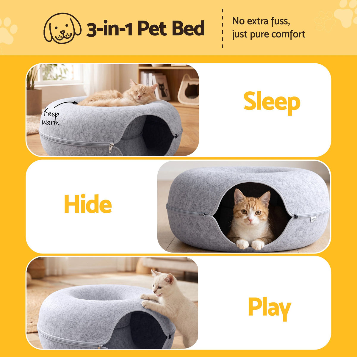 Cat Bed with Tunnel 60x28CM Donut Felt Cave Hideaway Detachable Grey