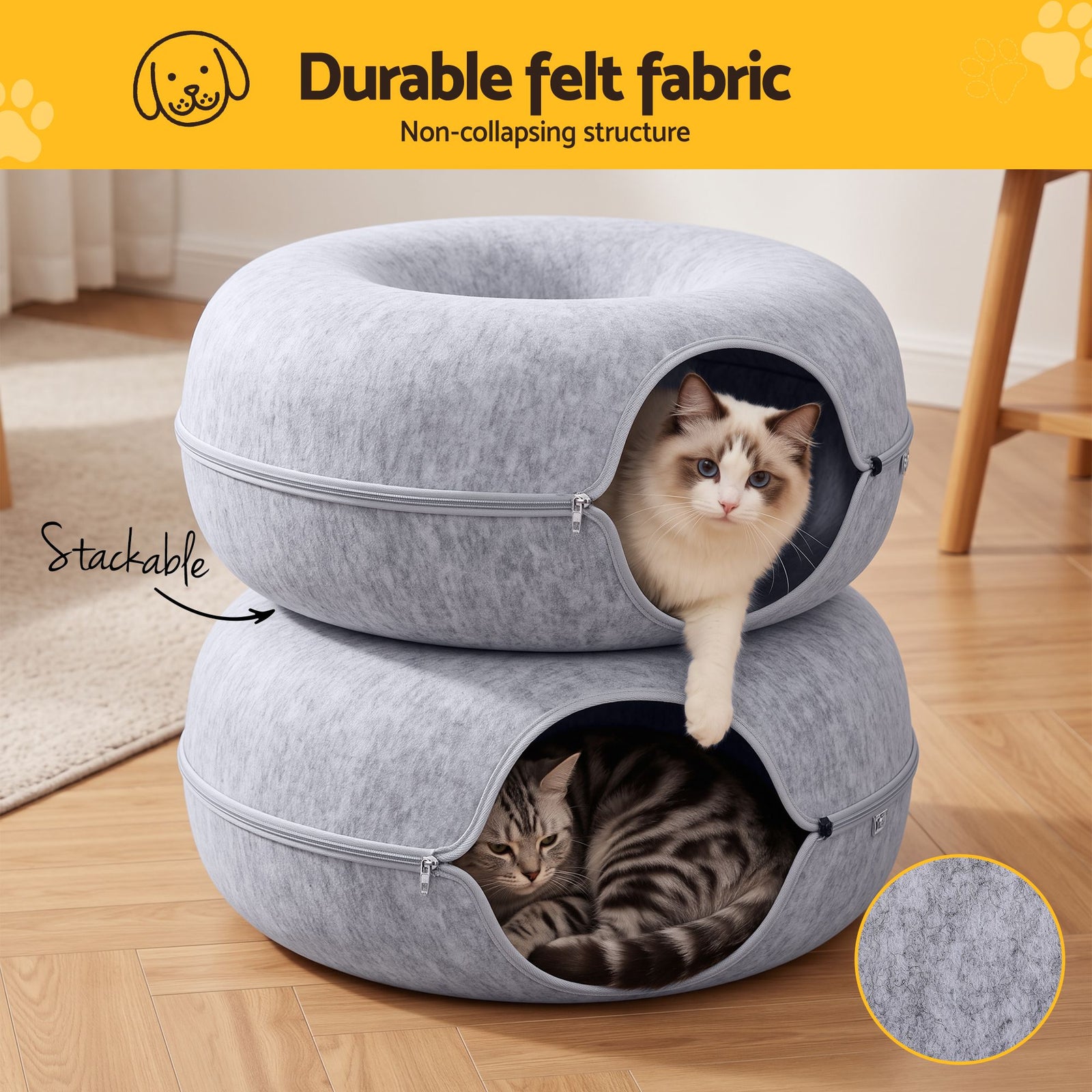 Cat Bed with Tunnel 60x28CM Donut Felt Cave Hideaway Detachable Grey