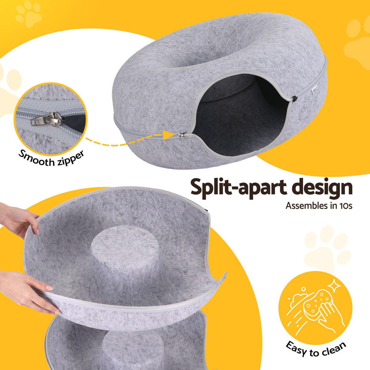 Cat Bed with Tunnel 60x28CM Donut Felt Cave Hideaway Detachable Grey