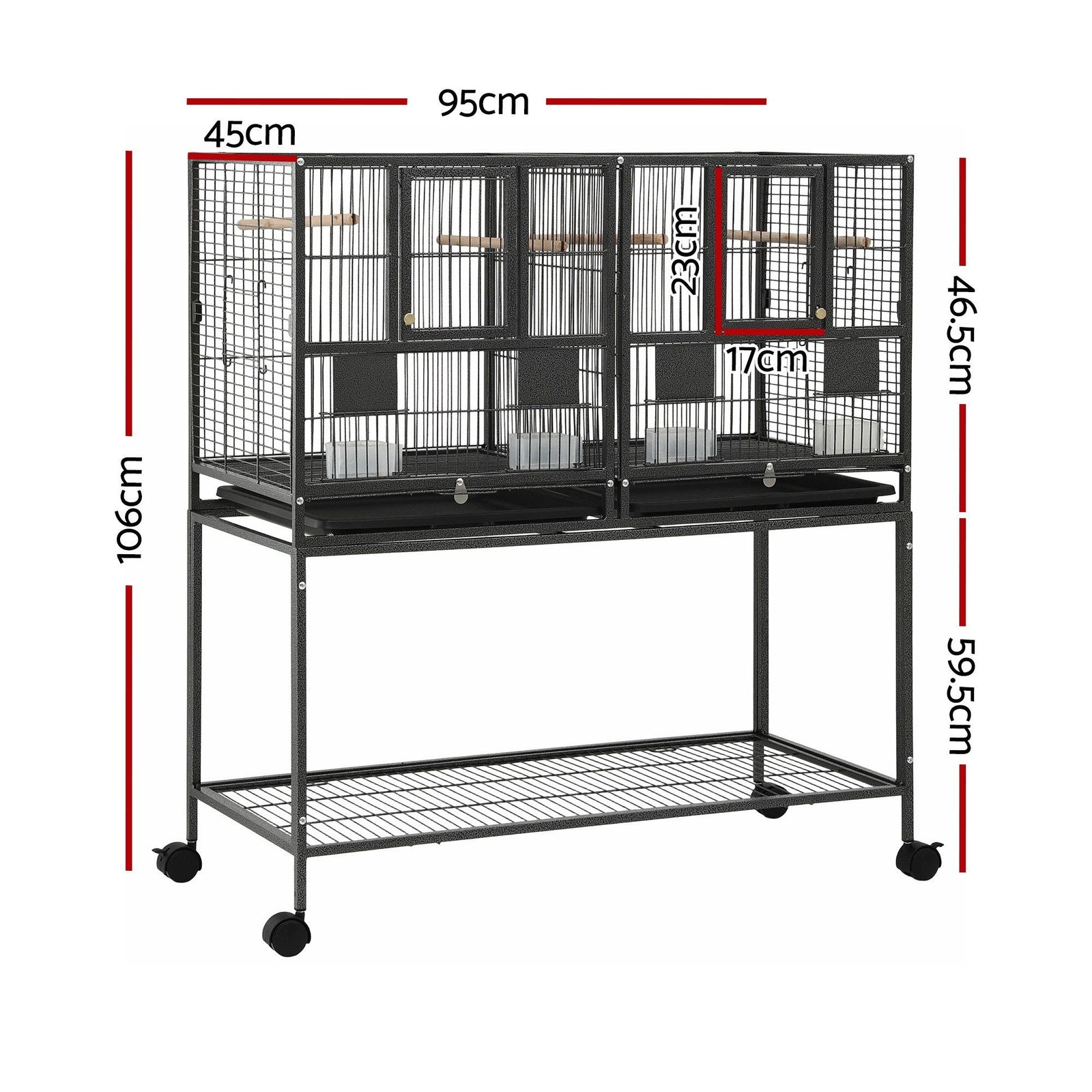 106cm 2-in-1 Bird Cage Aviary with Divider Parrot Budgie Wheels Black