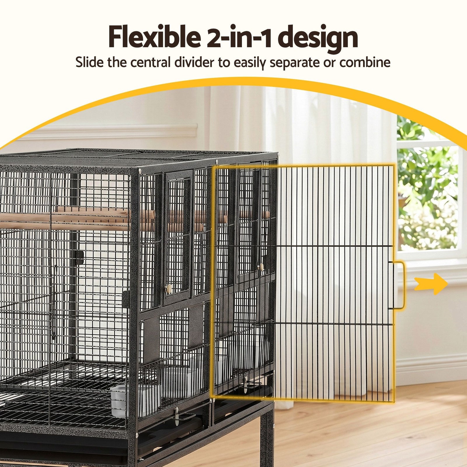 106cm 2-in-1 Bird Cage Aviary with Divider Parrot Budgie Wheels Black