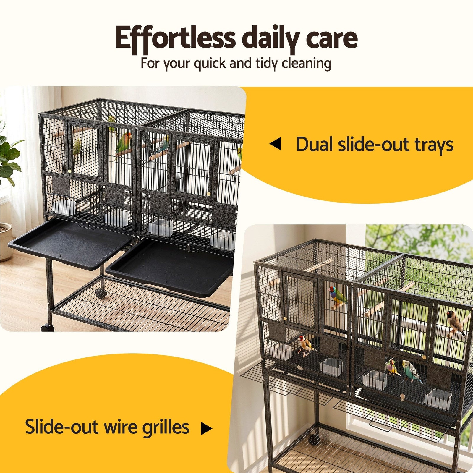 106cm 2-in-1 Bird Cage Aviary with Divider Parrot Budgie Wheels Black