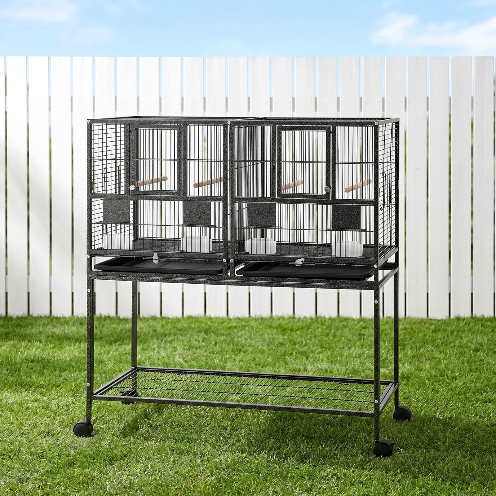 106cm 2-in-1 Bird Cage Aviary with Divider Parrot Budgie Wheels Black