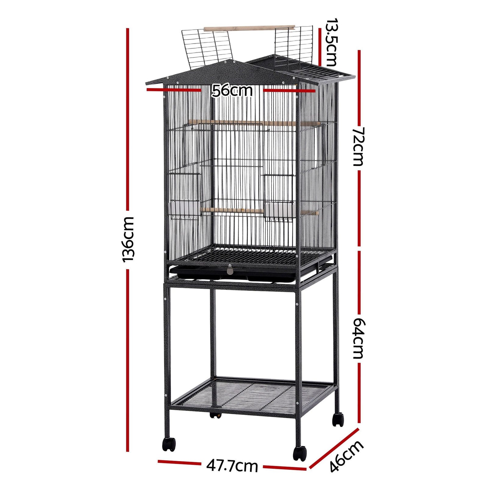 136cm Bird Cage Aviary Open Top Parrot Budgie Stand Wheels Black