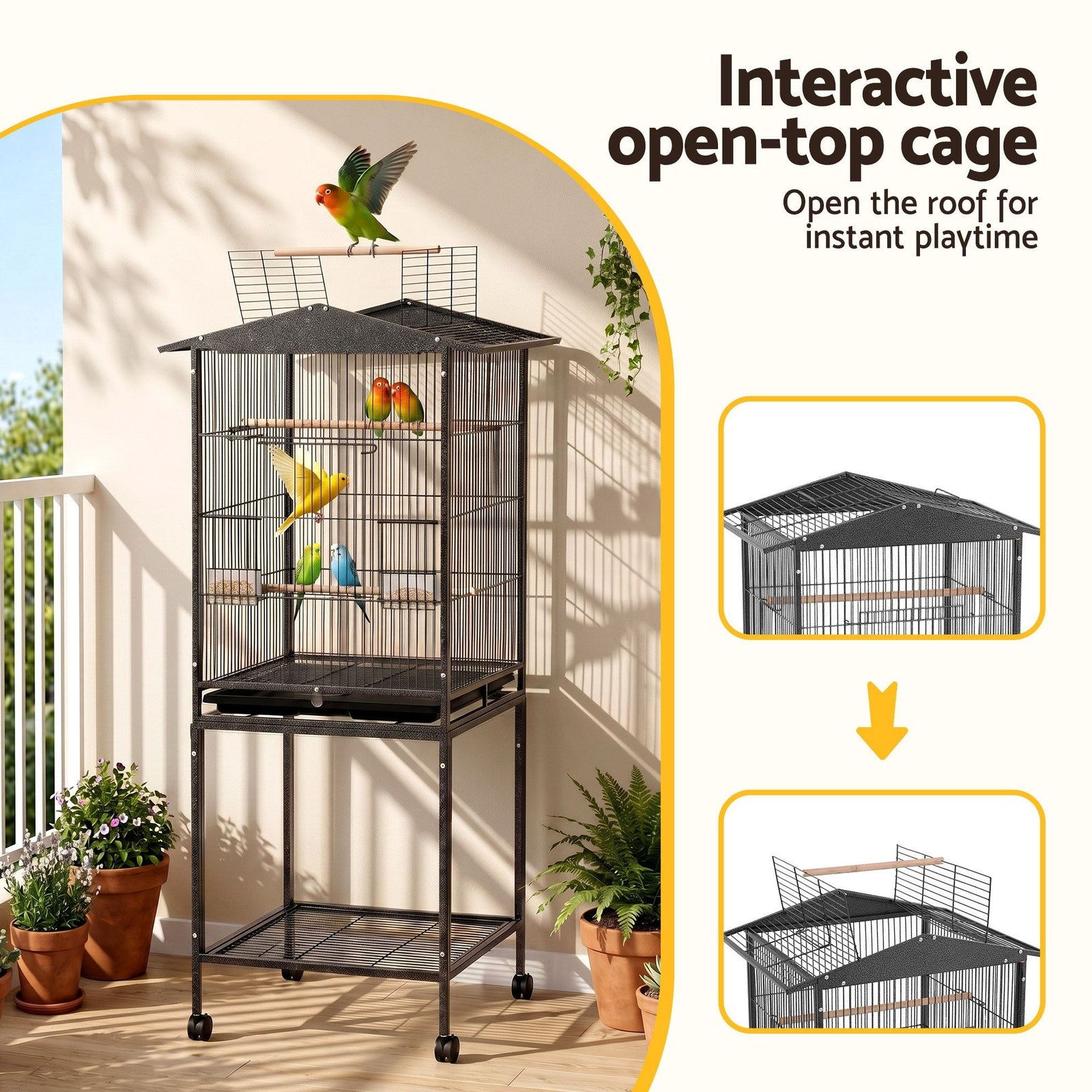 136cm Bird Cage Aviary Open Top Parrot Budgie Stand Wheels Black