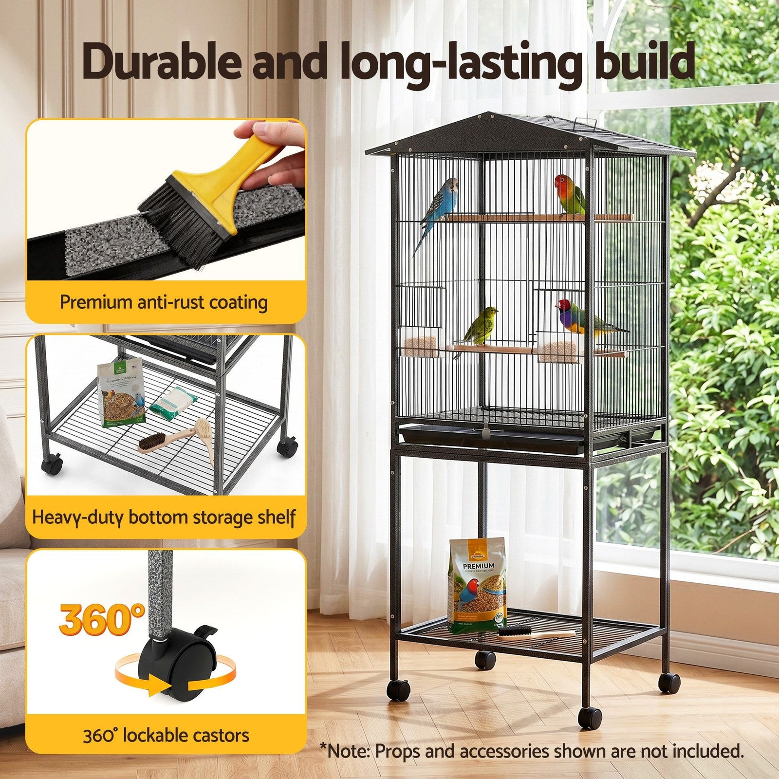 136cm Bird Cage Aviary Open Top Parrot Budgie Stand Wheels Black