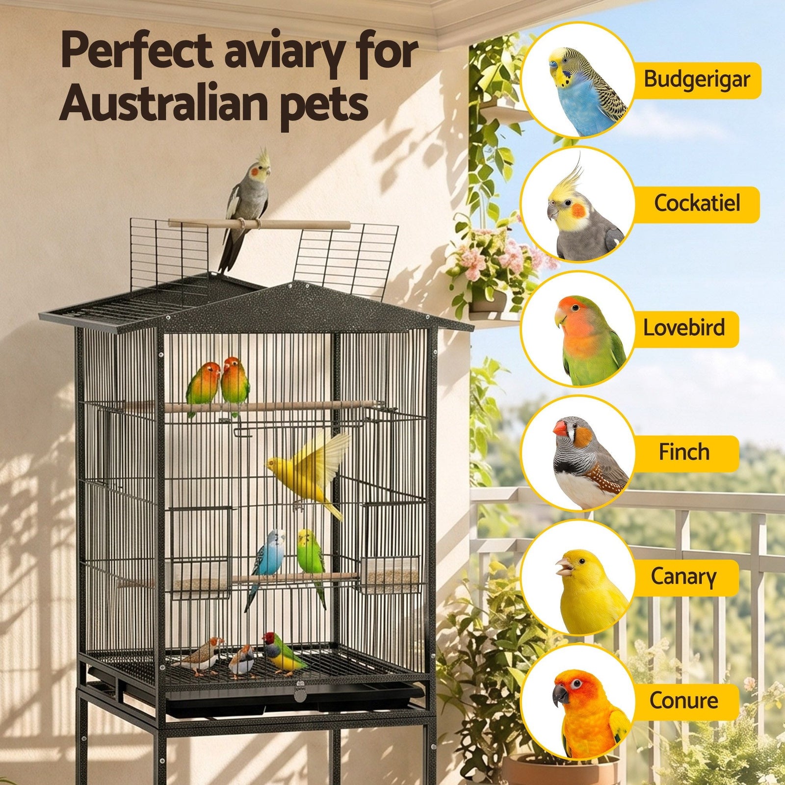 136cm Bird Cage Aviary Open Top Parrot Budgie Stand Wheels Black