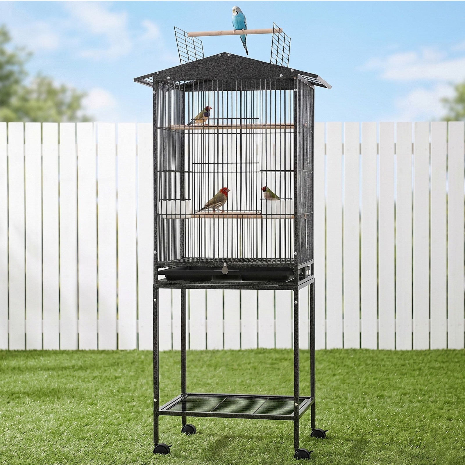 136cm Bird Cage Aviary Open Top Parrot Budgie Stand Wheels Black