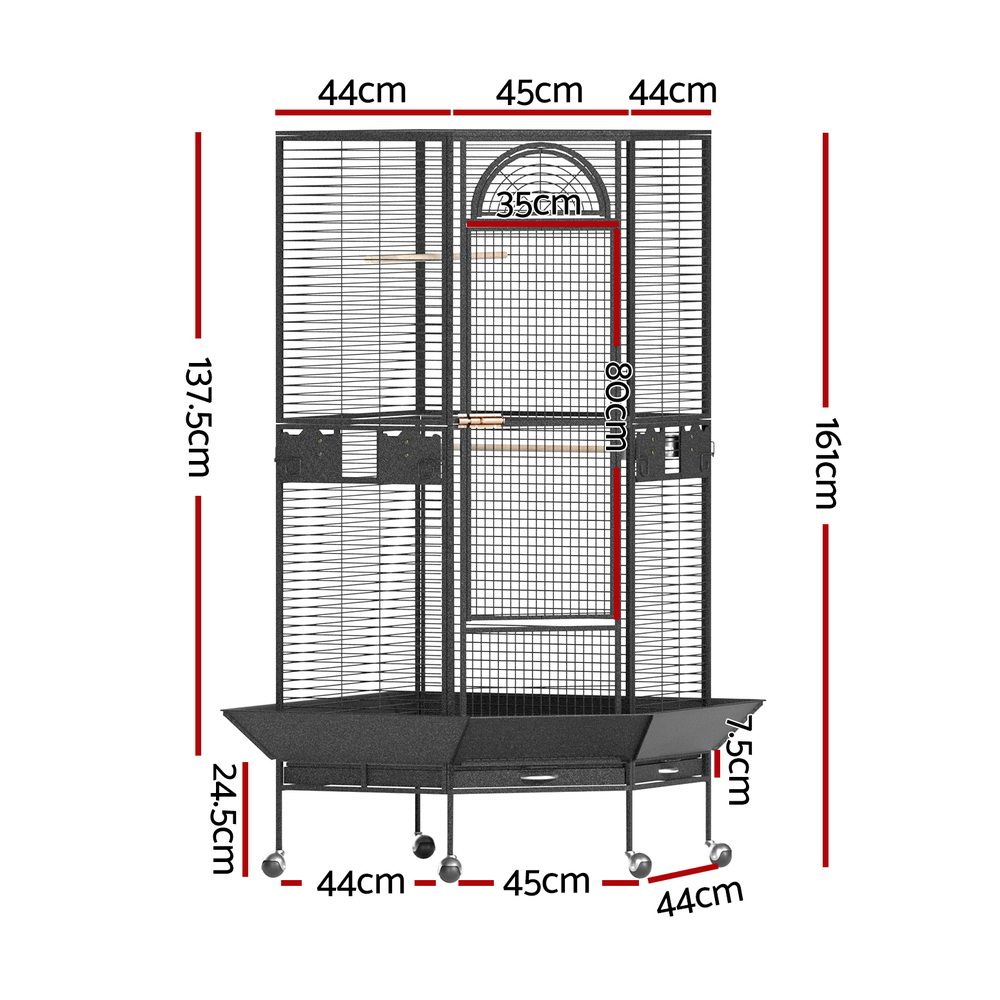Corner Large Bird Cage Aviary 161cm Wrought Iron Parrot Budgie Stand Wheels