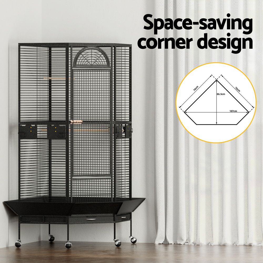 Corner Large Bird Cage Aviary 161cm Wrought Iron Parrot Budgie Stand Wheels
