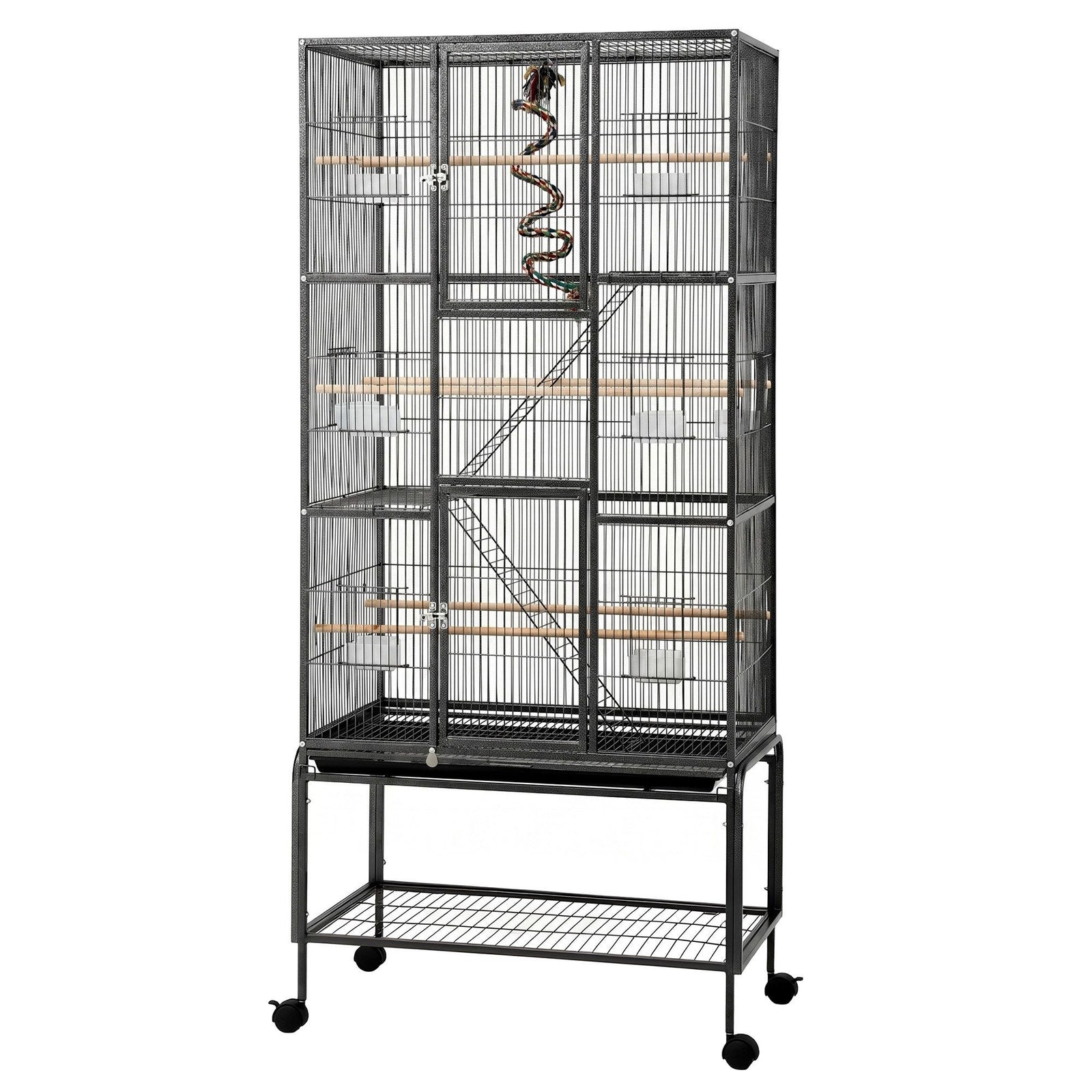176cm 3-Tier Large Bird Cage Aviary with Ladder Parrot Budgie Wheels Black