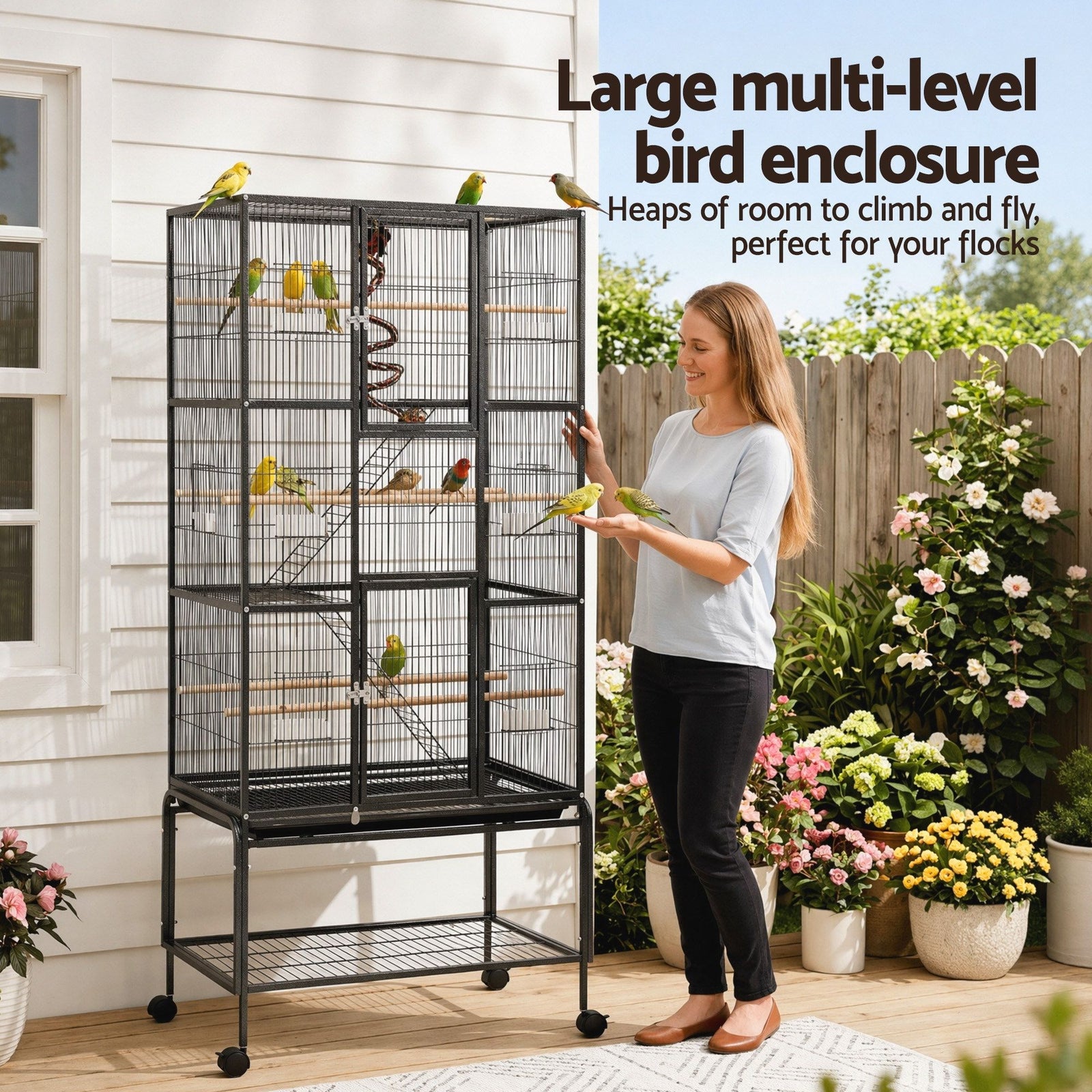 176cm 3-Tier Large Bird Cage Aviary with Ladder Parrot Budgie Wheels Black