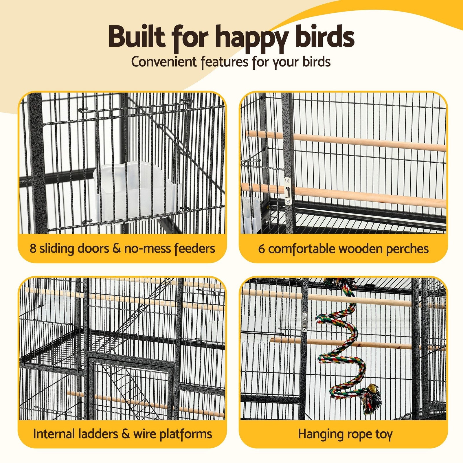 176cm 3-Tier Large Bird Cage Aviary with Ladder Parrot Budgie Wheels Black