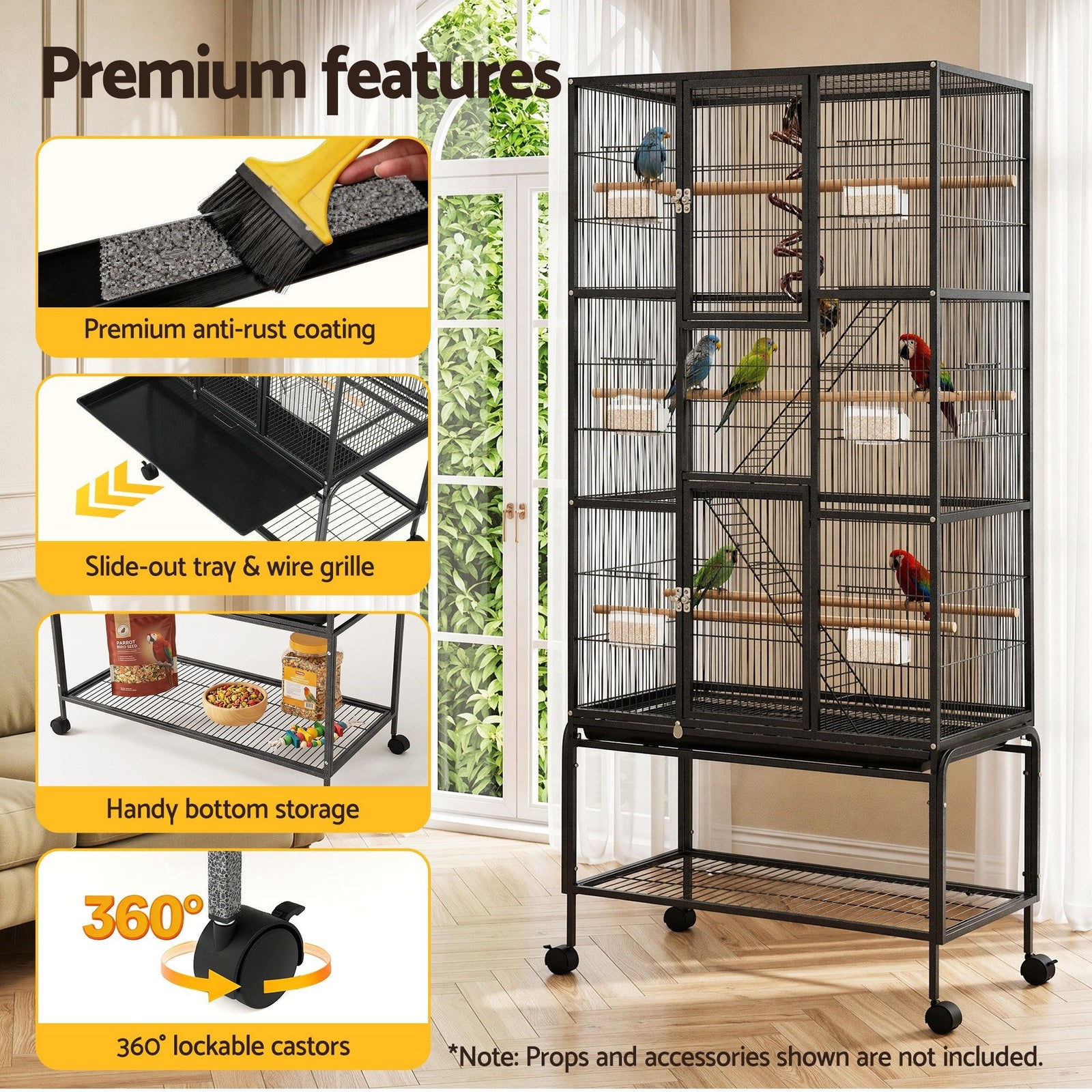 176cm 3-Tier Large Bird Cage Aviary with Ladder Parrot Budgie Wheels Black