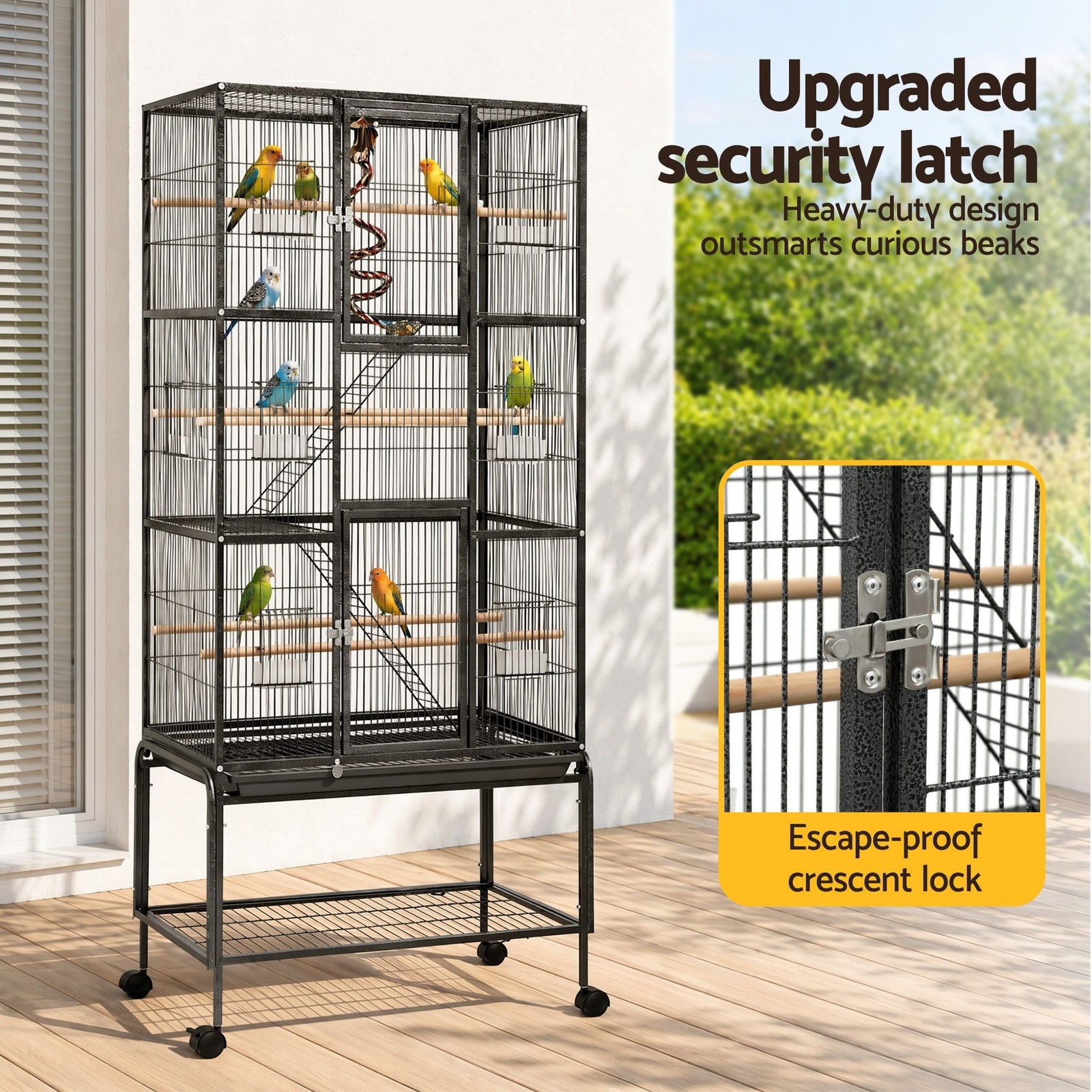 176cm 3-Tier Large Bird Cage Aviary with Ladder Parrot Budgie Wheels Black
