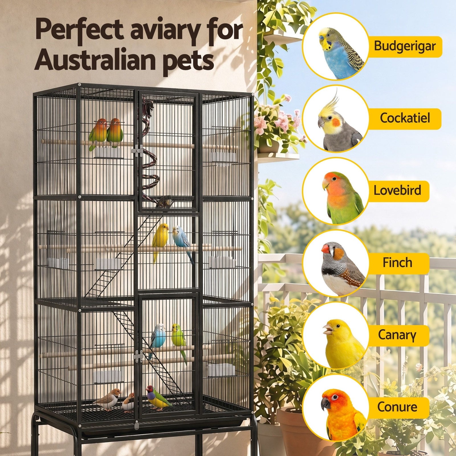 176cm 3-Tier Large Bird Cage Aviary with Ladder Parrot Budgie Wheels Black