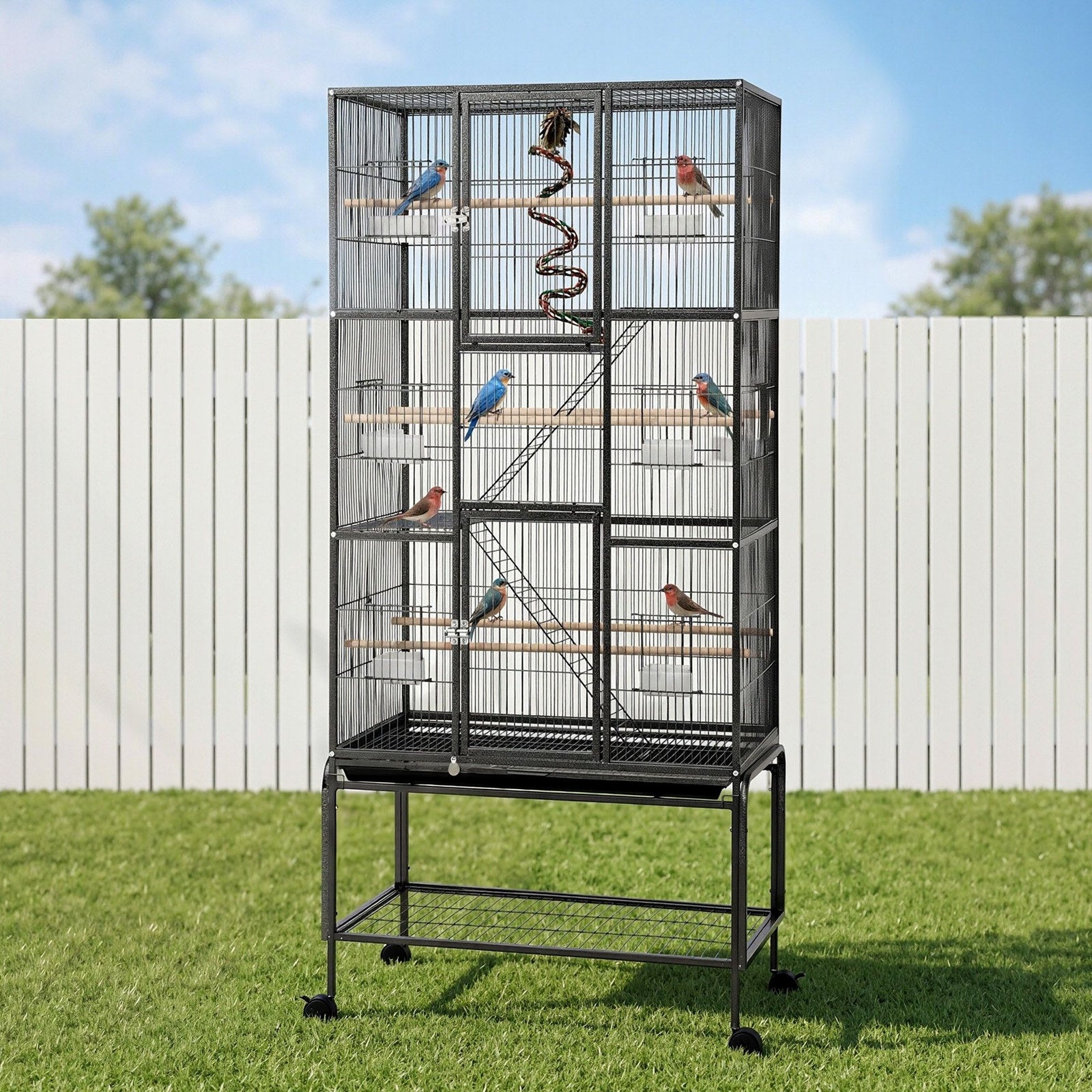 176cm 3-Tier Large Bird Cage Aviary with Ladder Parrot Budgie Wheels Black