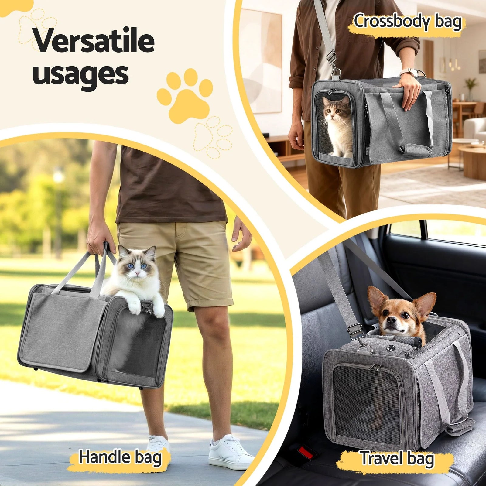 Pet Carrier – Foldable, Mesh Window, Portable, 7.5kg Capacity, Grey
