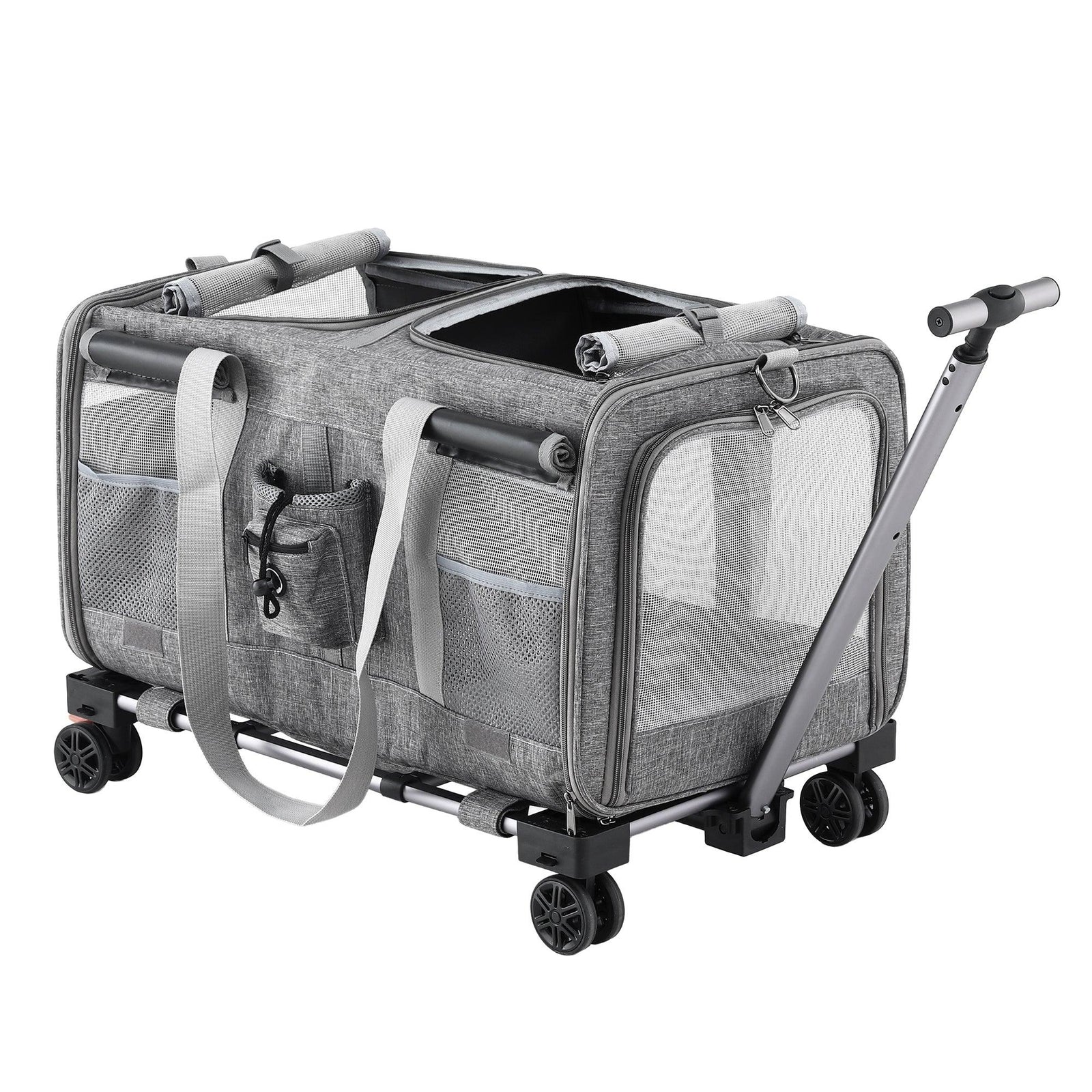 Pet Carrier Swivel Wheels Foldable Cat Dog Trolley Stroller Travel Bag Grey