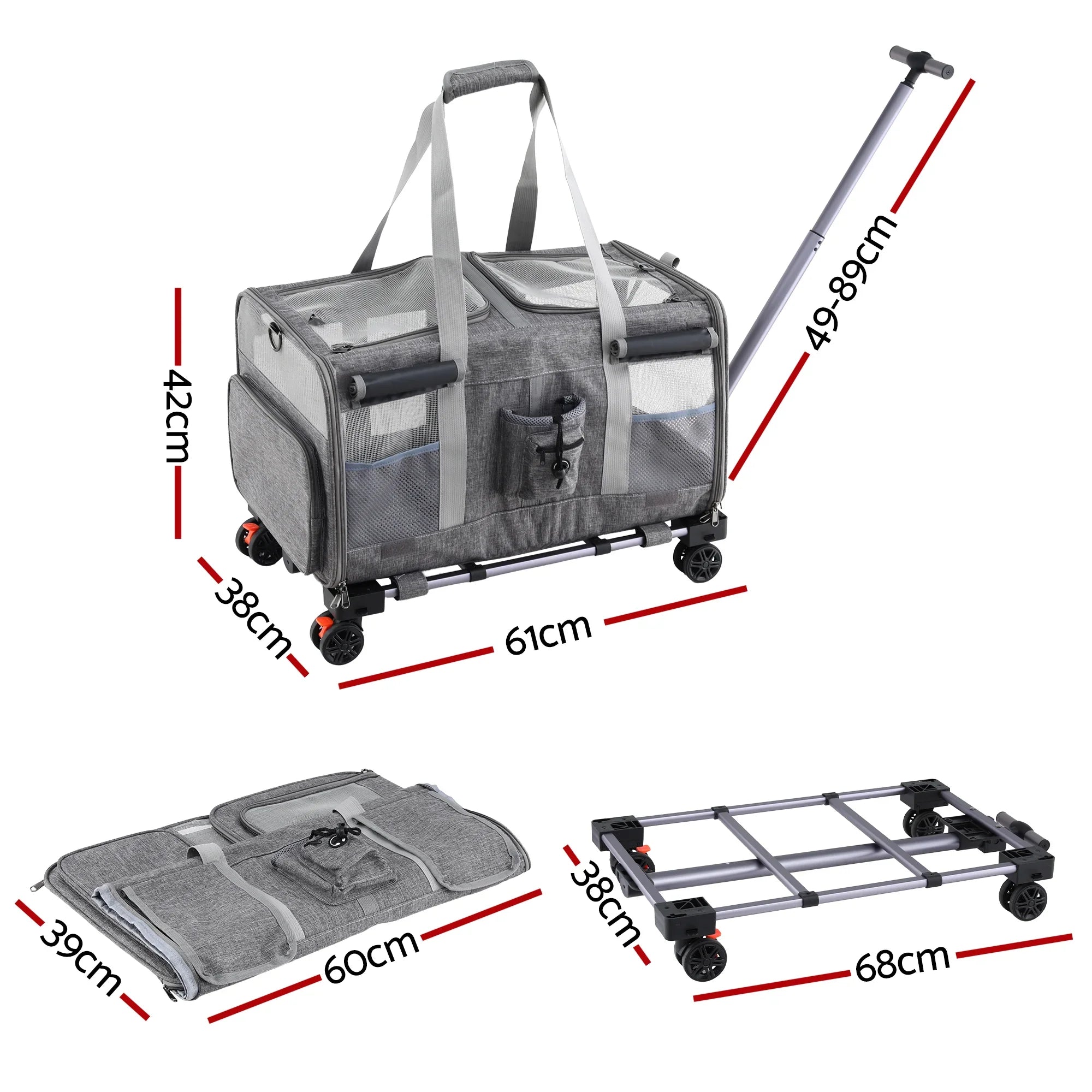 Pet Carrier Swivel Wheels Foldable Cat Dog Trolley Stroller Travel Bag Grey
