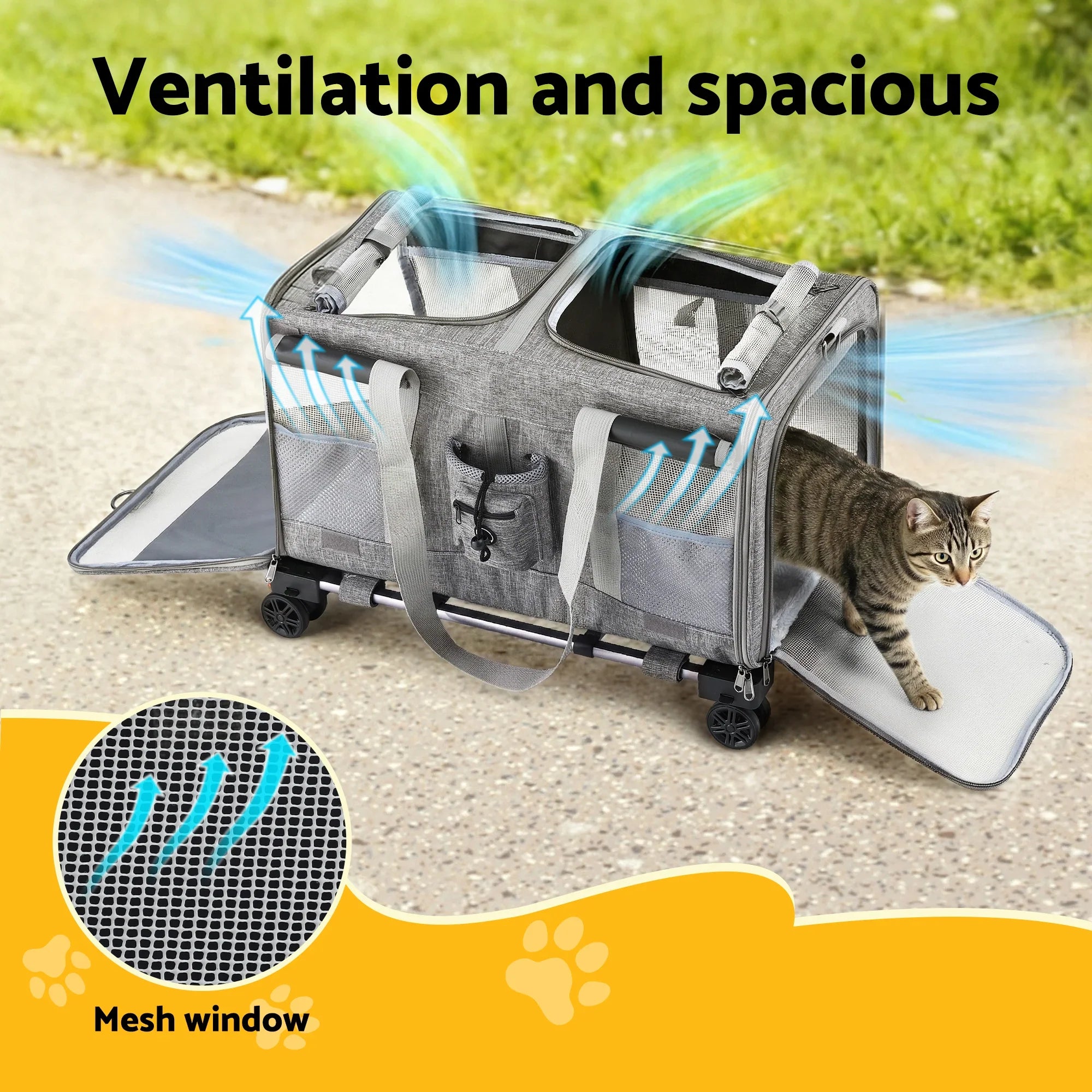 Pet Carrier Swivel Wheels Foldable Cat Dog Trolley Stroller Travel Bag Grey