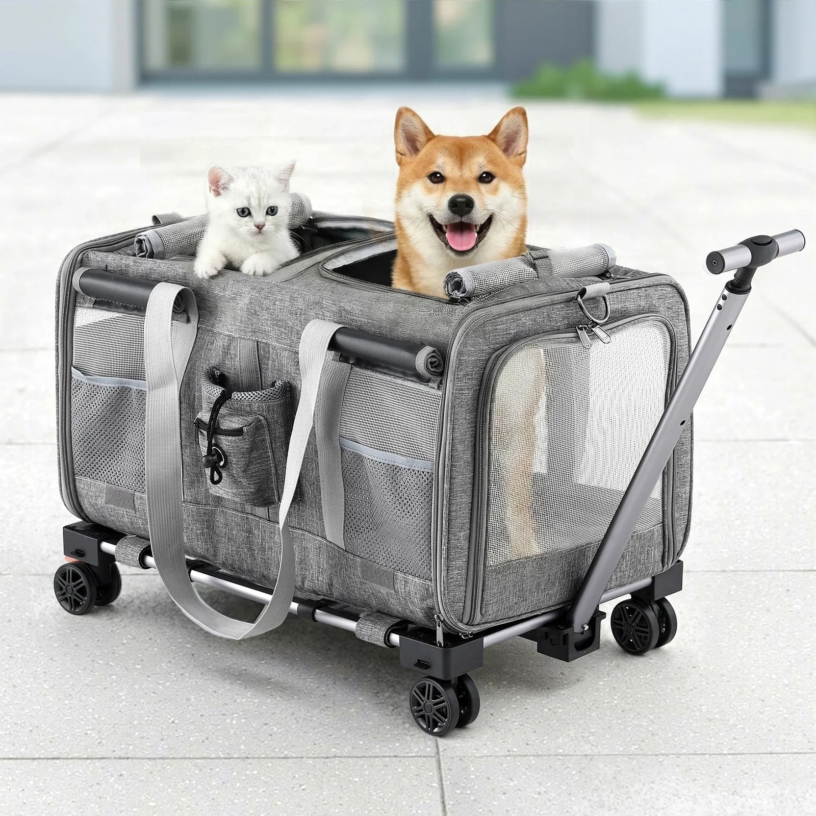 Pet Carrier Swivel Wheels Foldable Cat Dog Trolley Stroller Travel Bag Grey