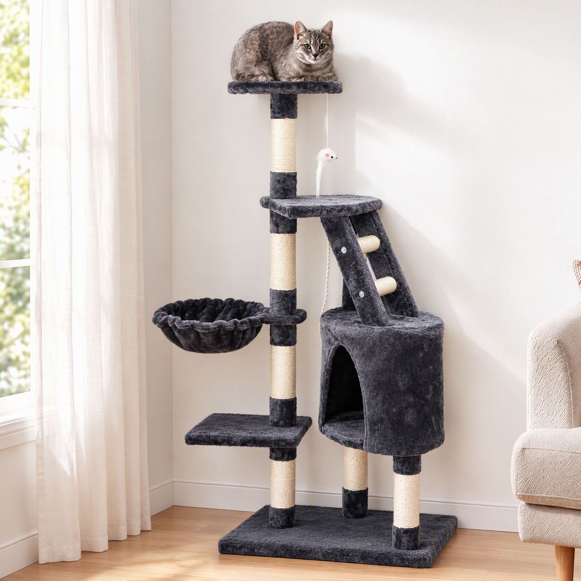 120cm Cat Tree Tower Sisal Scratching Post Condo Hammock Grey