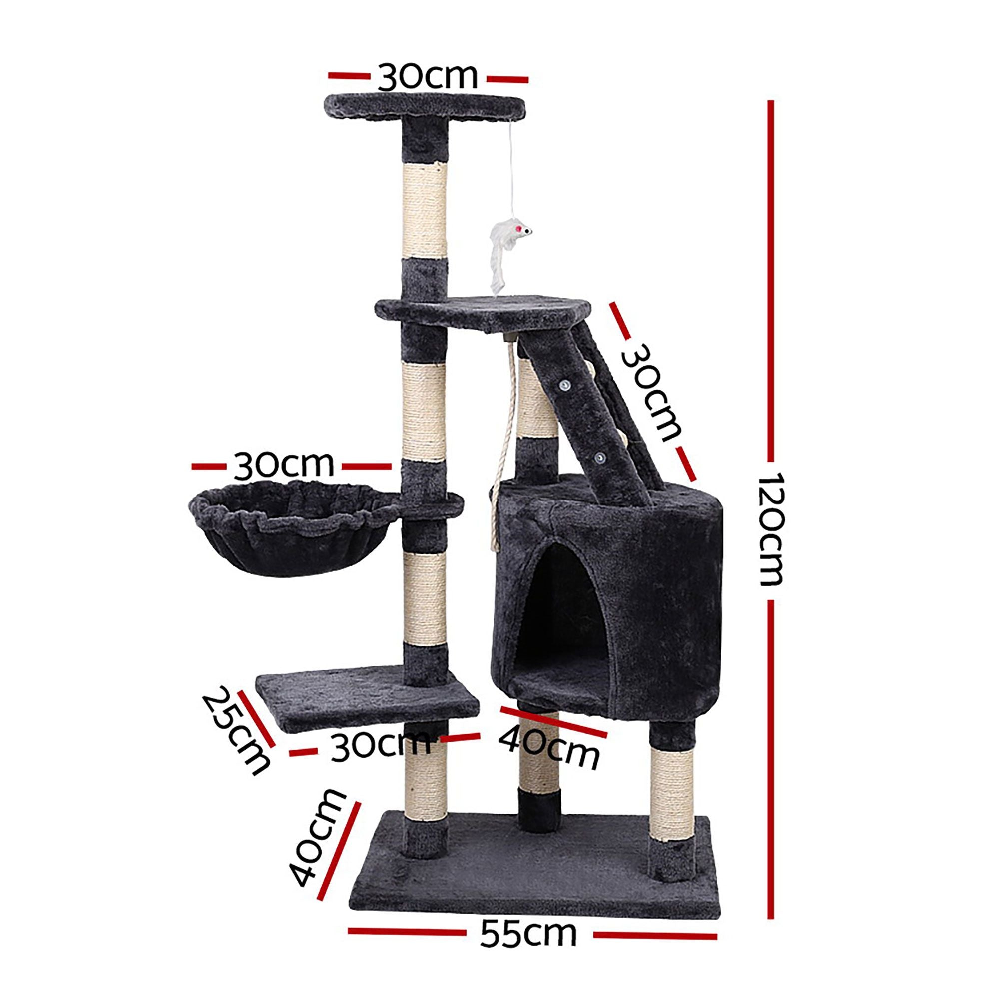 120cm Cat Tree Tower Sisal Scratching Post Condo Hammock Grey