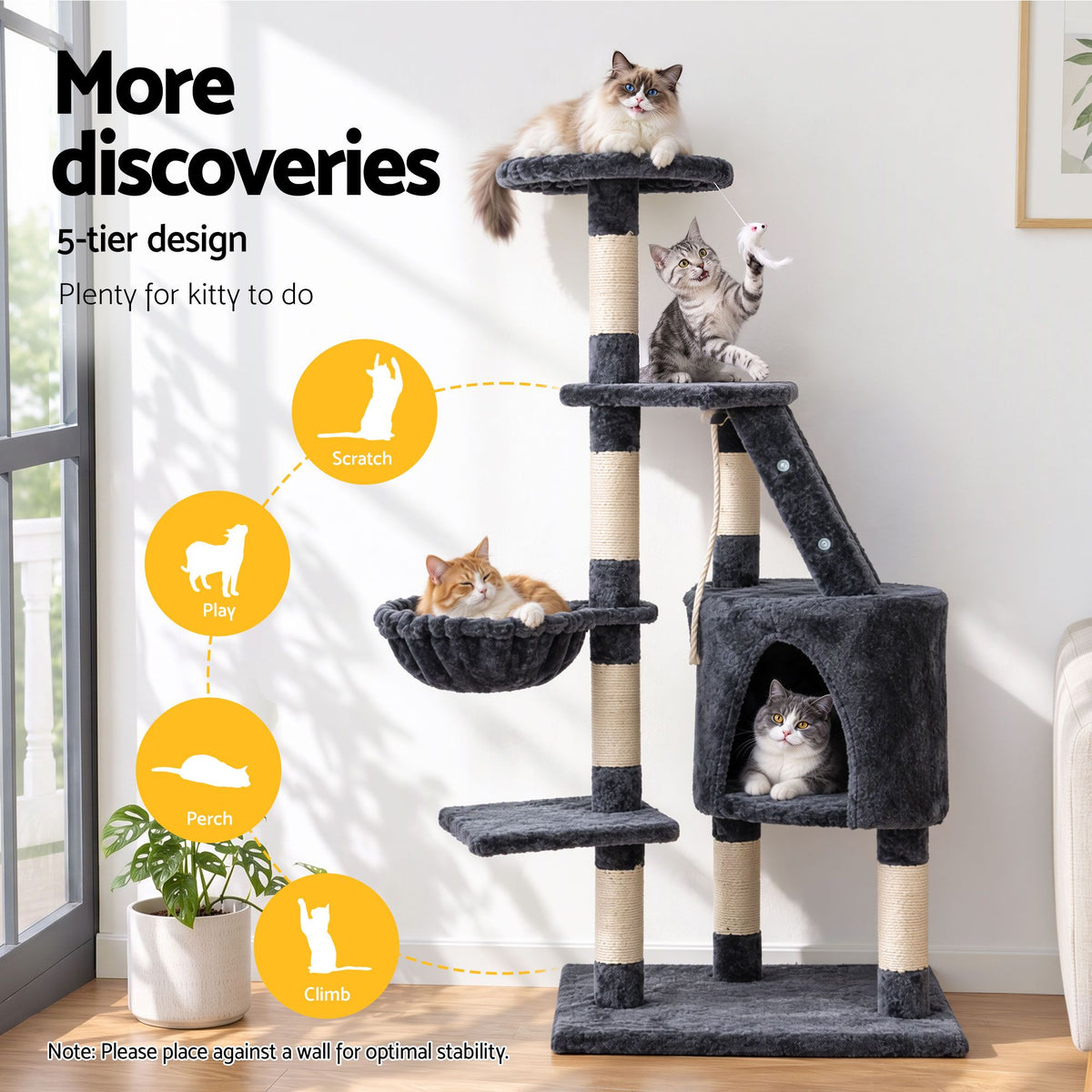 120cm Cat Tree Tower Sisal Scratching Post Condo Hammock Grey