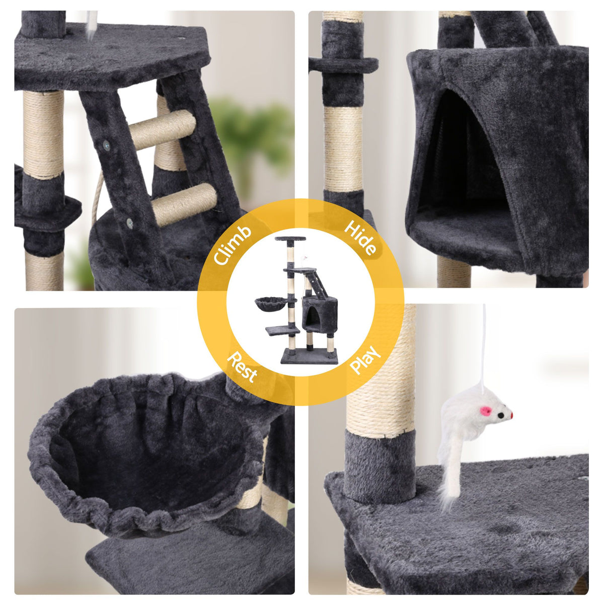 120cm Cat Tree Tower Sisal Scratching Post Condo Hammock Grey
