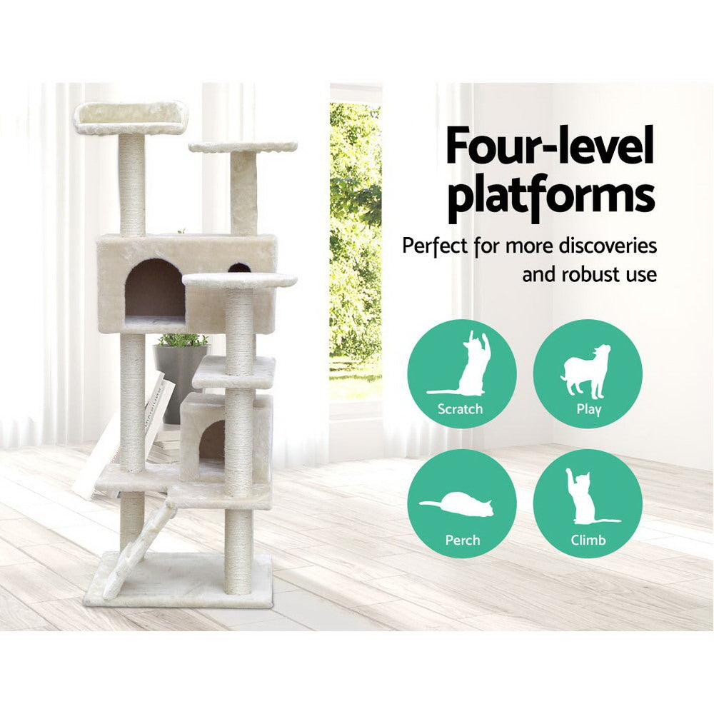 Cat Tree 134cm Tower Scratching Post Scratcher Wood Condo House Bed Beige