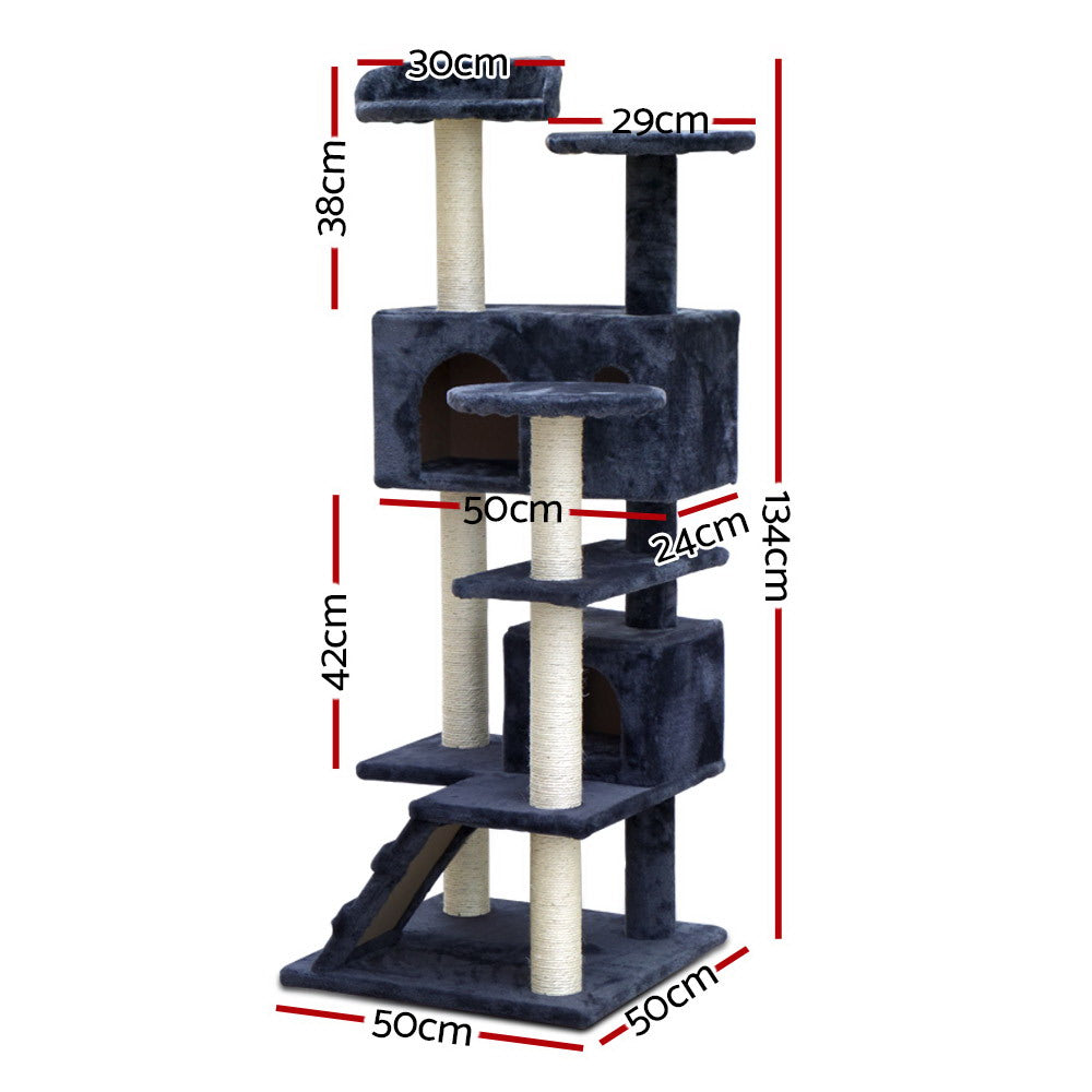 Cat Tree 134cm Tower Scratching Post Scratcher Wood Condo House Bed Grey