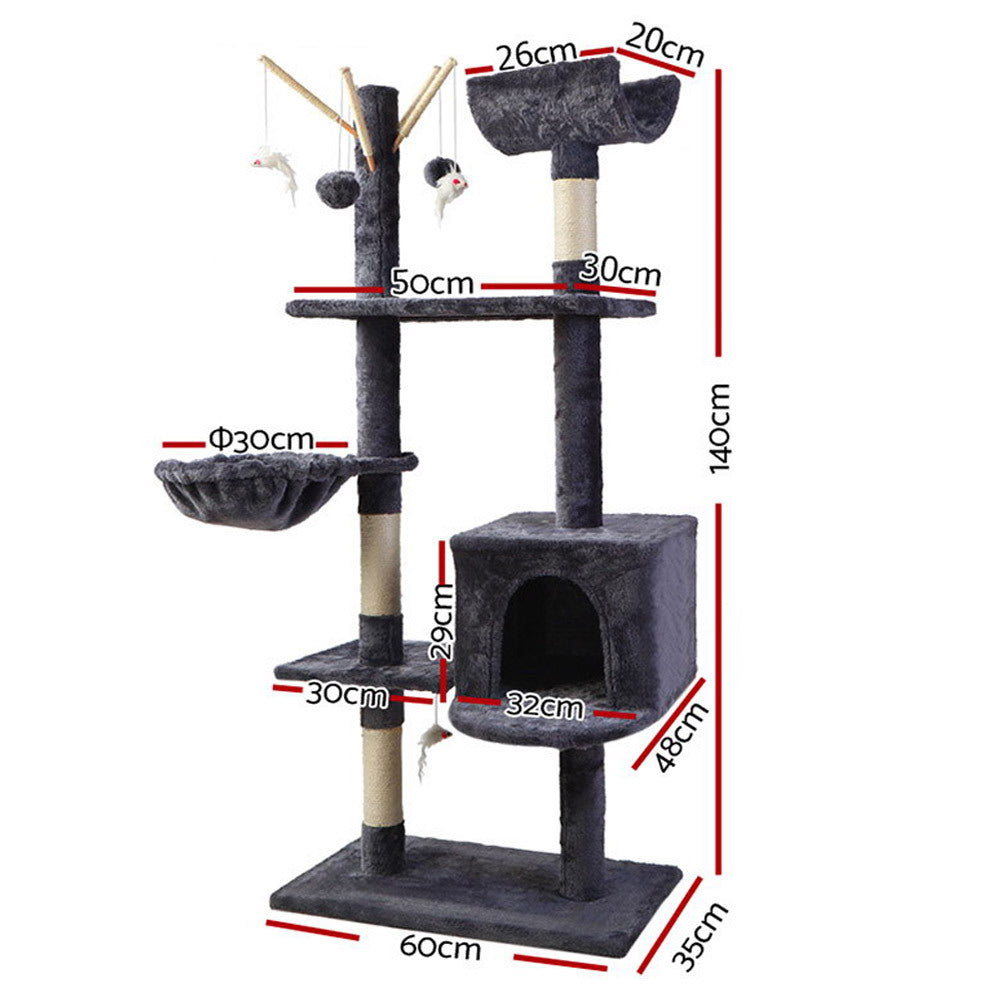 Cat Tree 140cm Tower Scratching Post Scratcher Trees Toys Condo Bed Grey