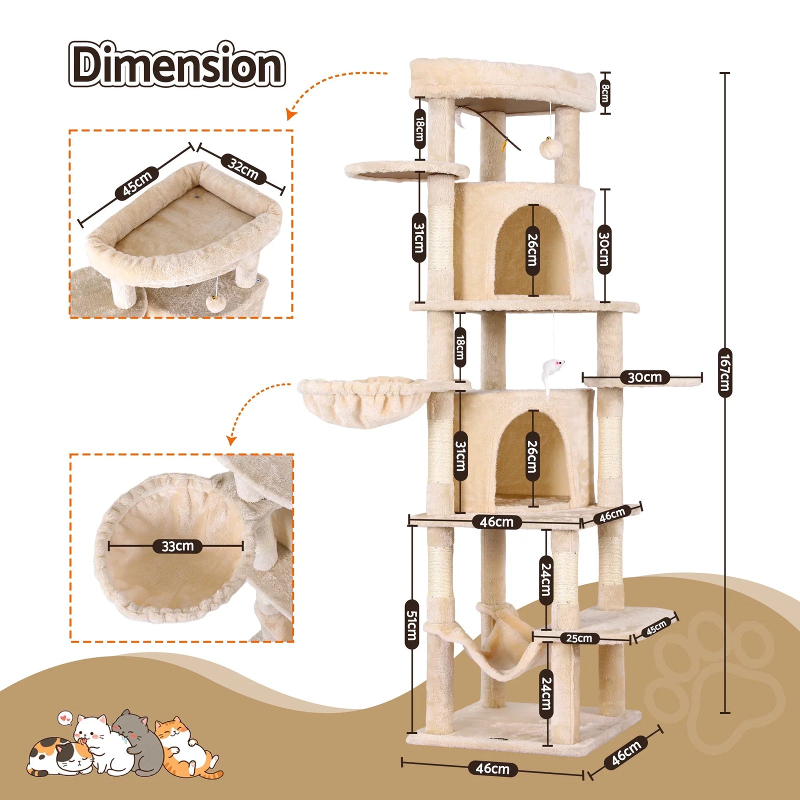 Cat Tree Tower 167cm Large Scratching Post Furniture Scratcher House Beige
