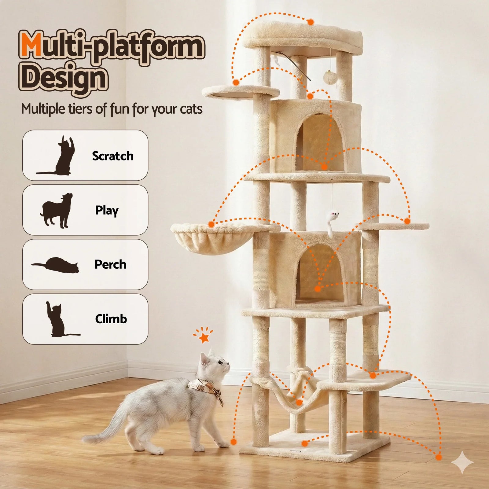 Cat Tree Tower 167cm Large Scratching Post Furniture Scratcher House Beige