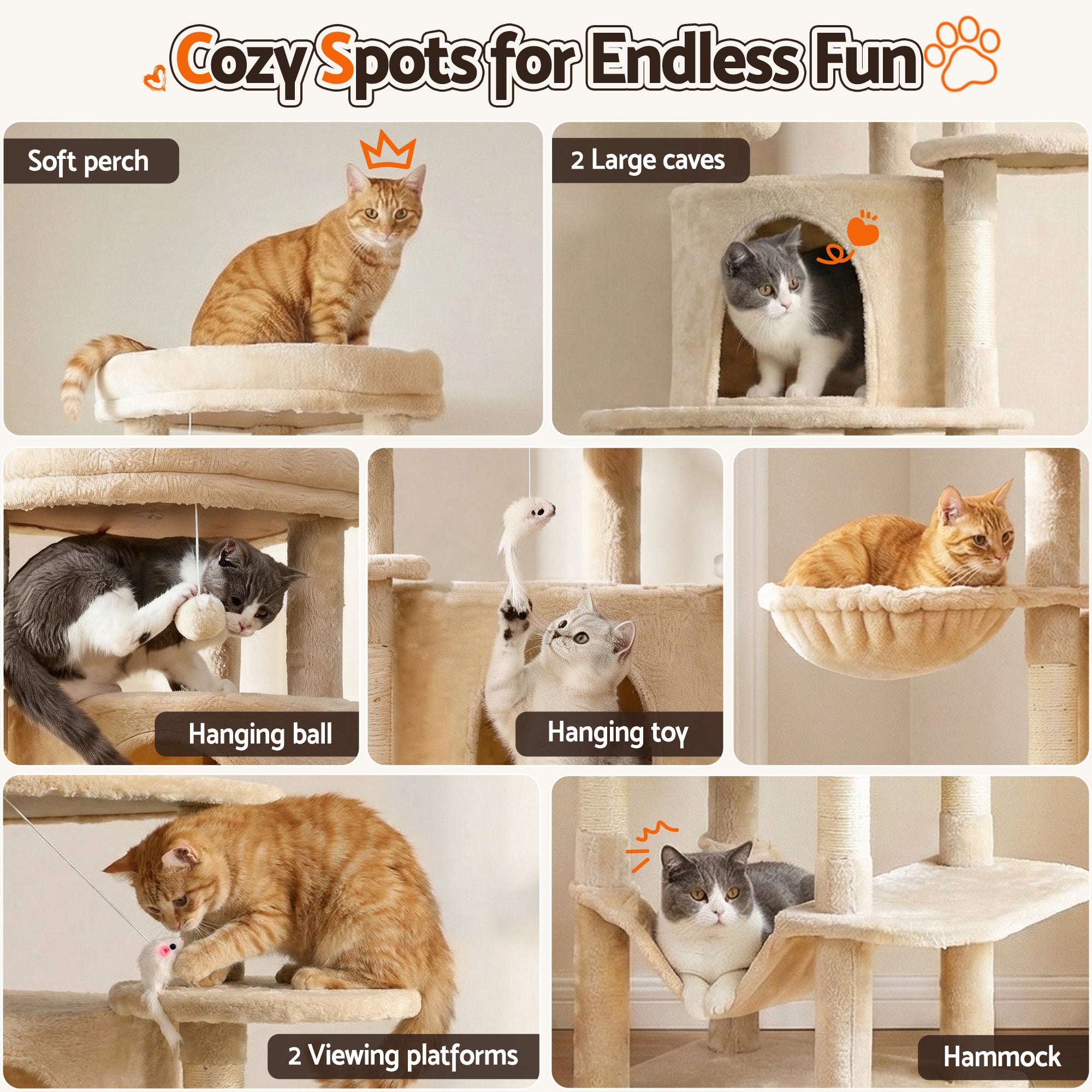 Cat Tree Tower 167cm Large Scratching Post Furniture Scratcher House Beige