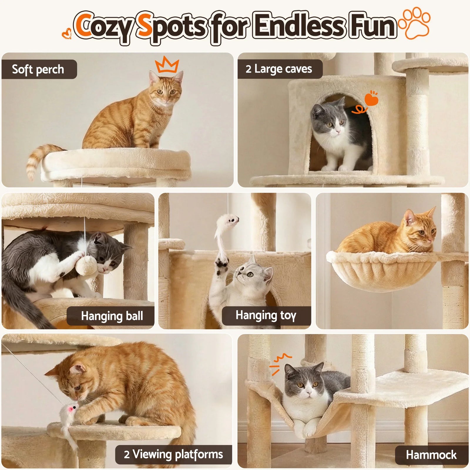 Cat Tree Tower 167cm Large Scratching Post Furniture Scratcher House Beige