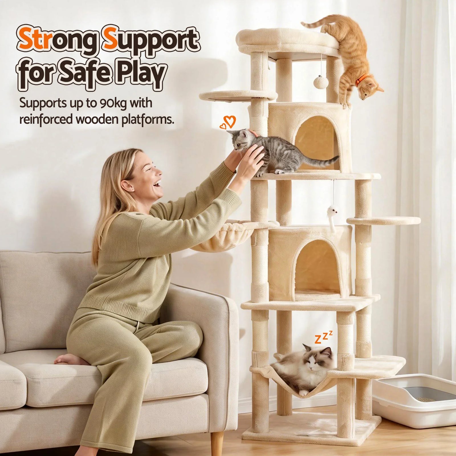 Cat Tree Tower 167cm Large Scratching Post Furniture Scratcher House Beige