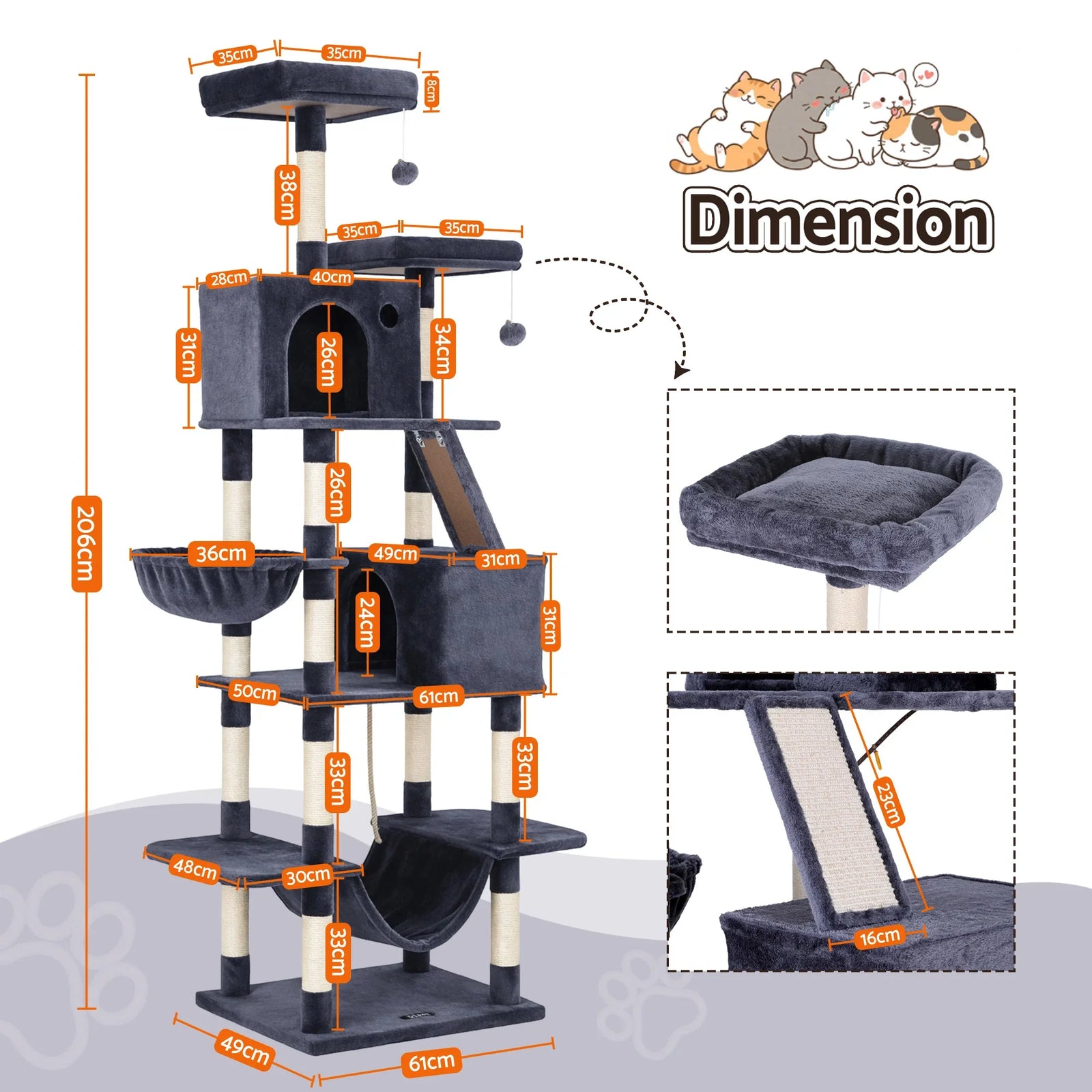 Cat Tree Tower 206cm Large Scratching Post Furniture Scratcher House Grey
