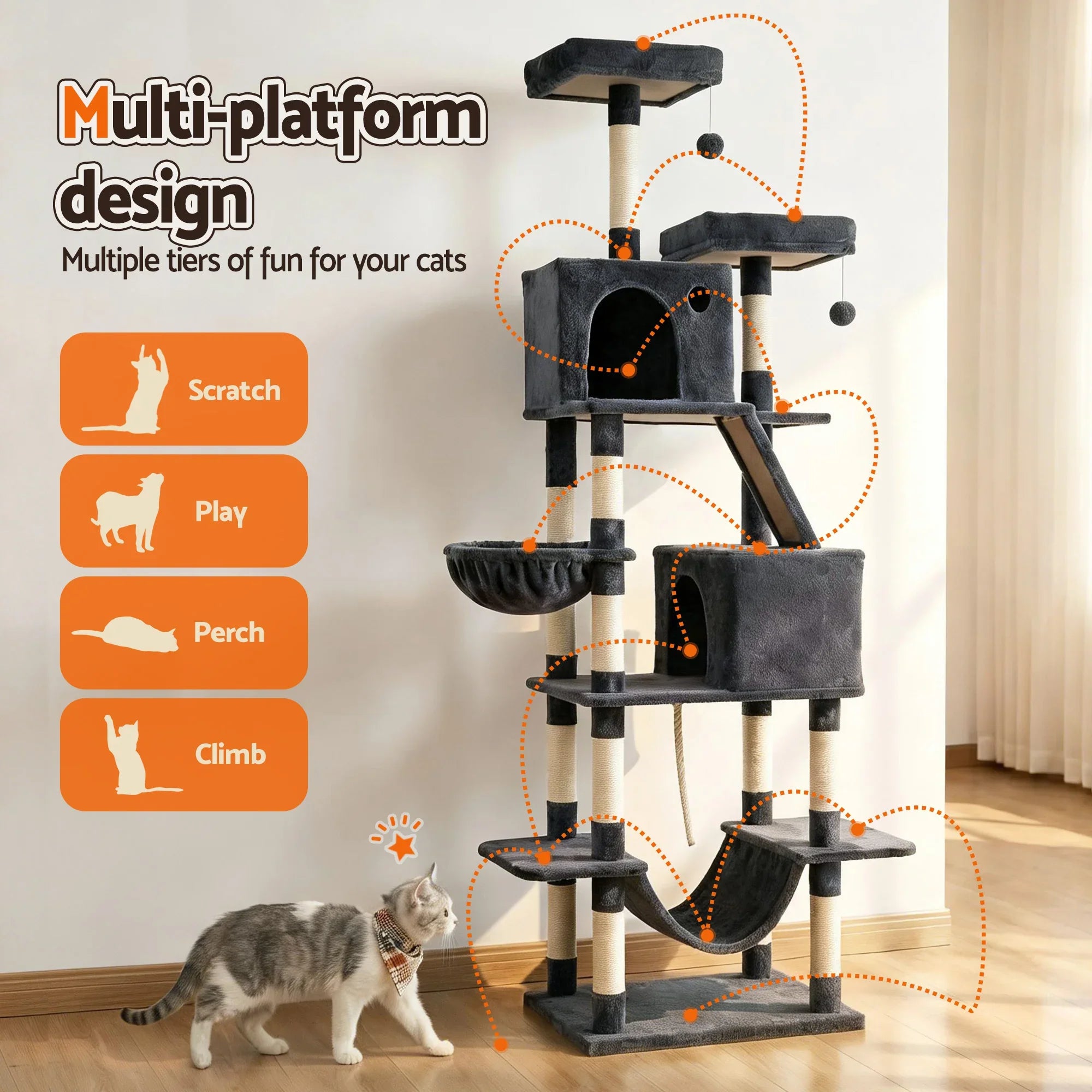 Cat Tree Tower 206cm Large Scratching Post Furniture Scratcher House Grey