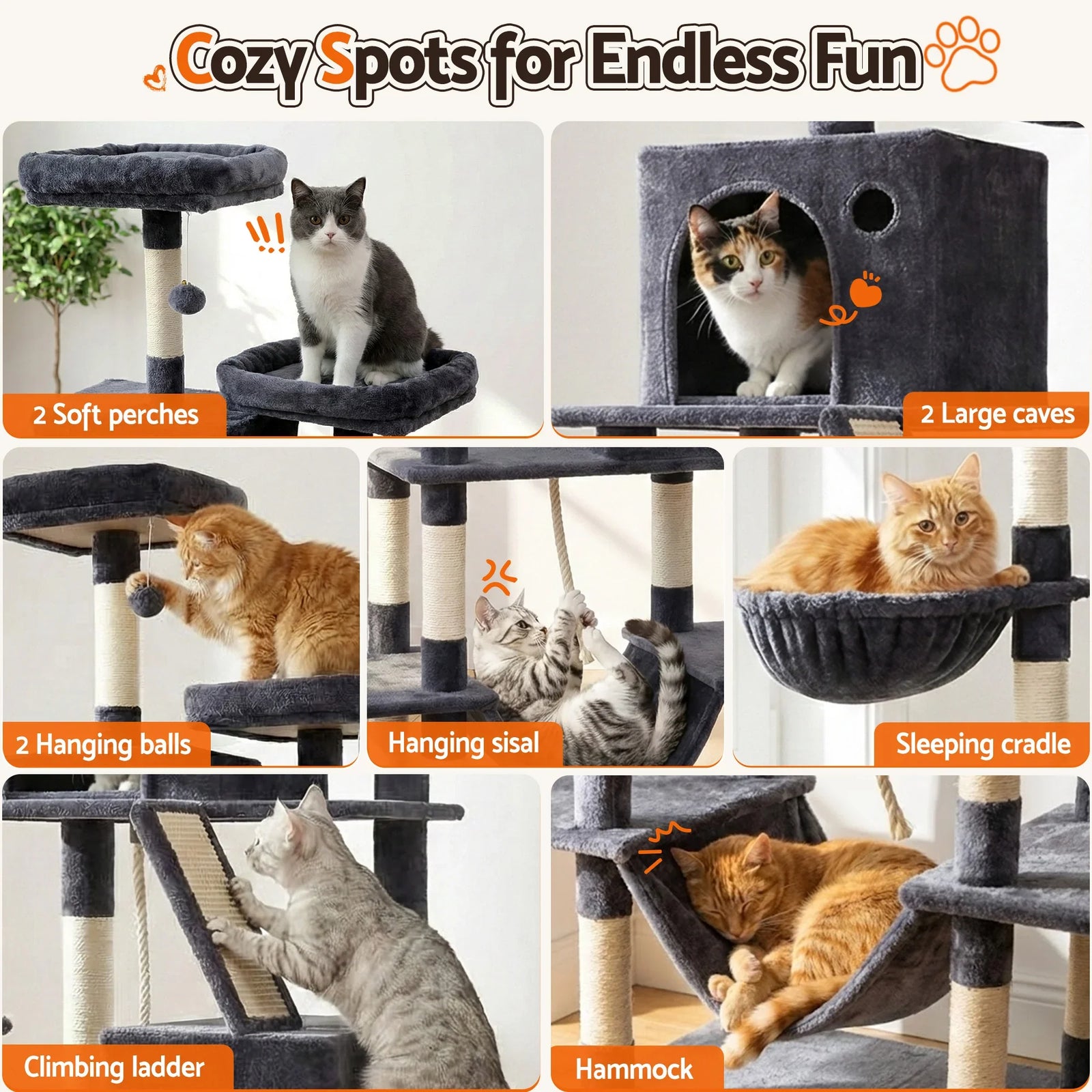 Cat Tree Tower 206cm Large Scratching Post Furniture Scratcher House Grey