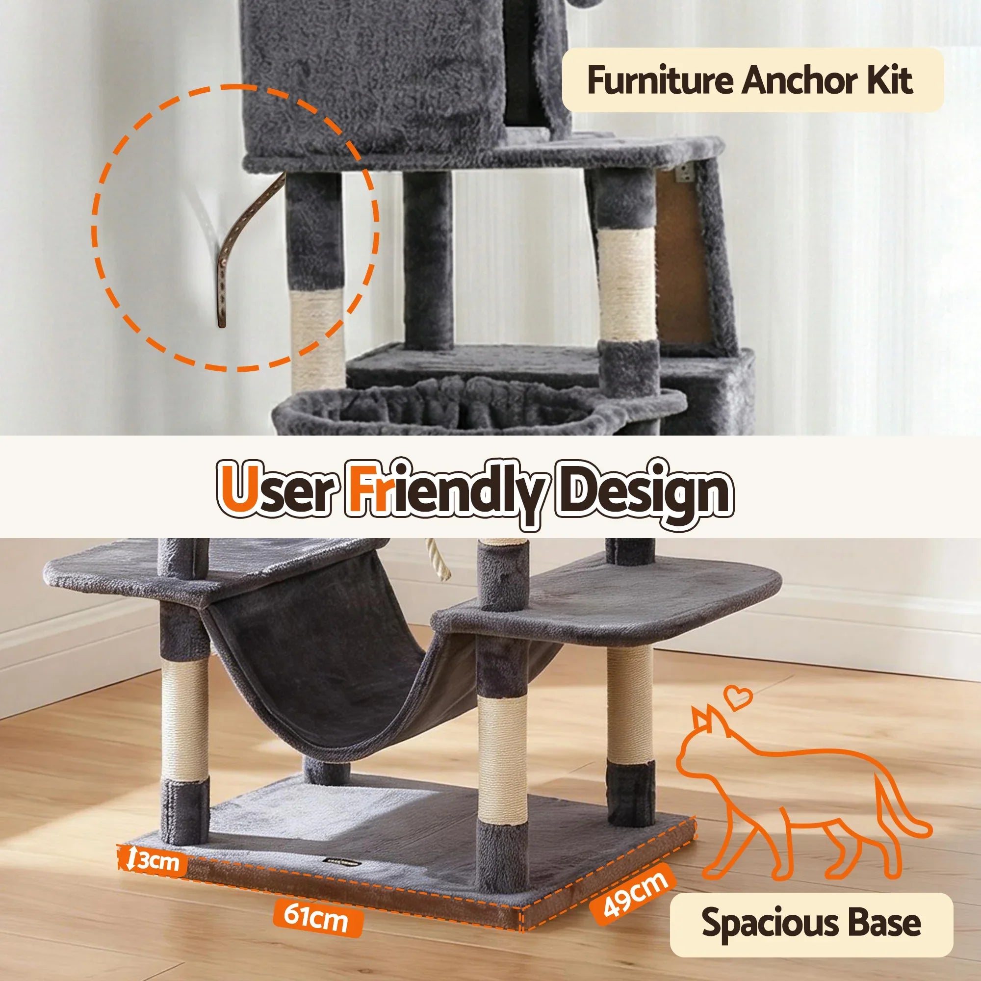 Cat Tree Tower 206cm Large Scratching Post Furniture Scratcher House Grey